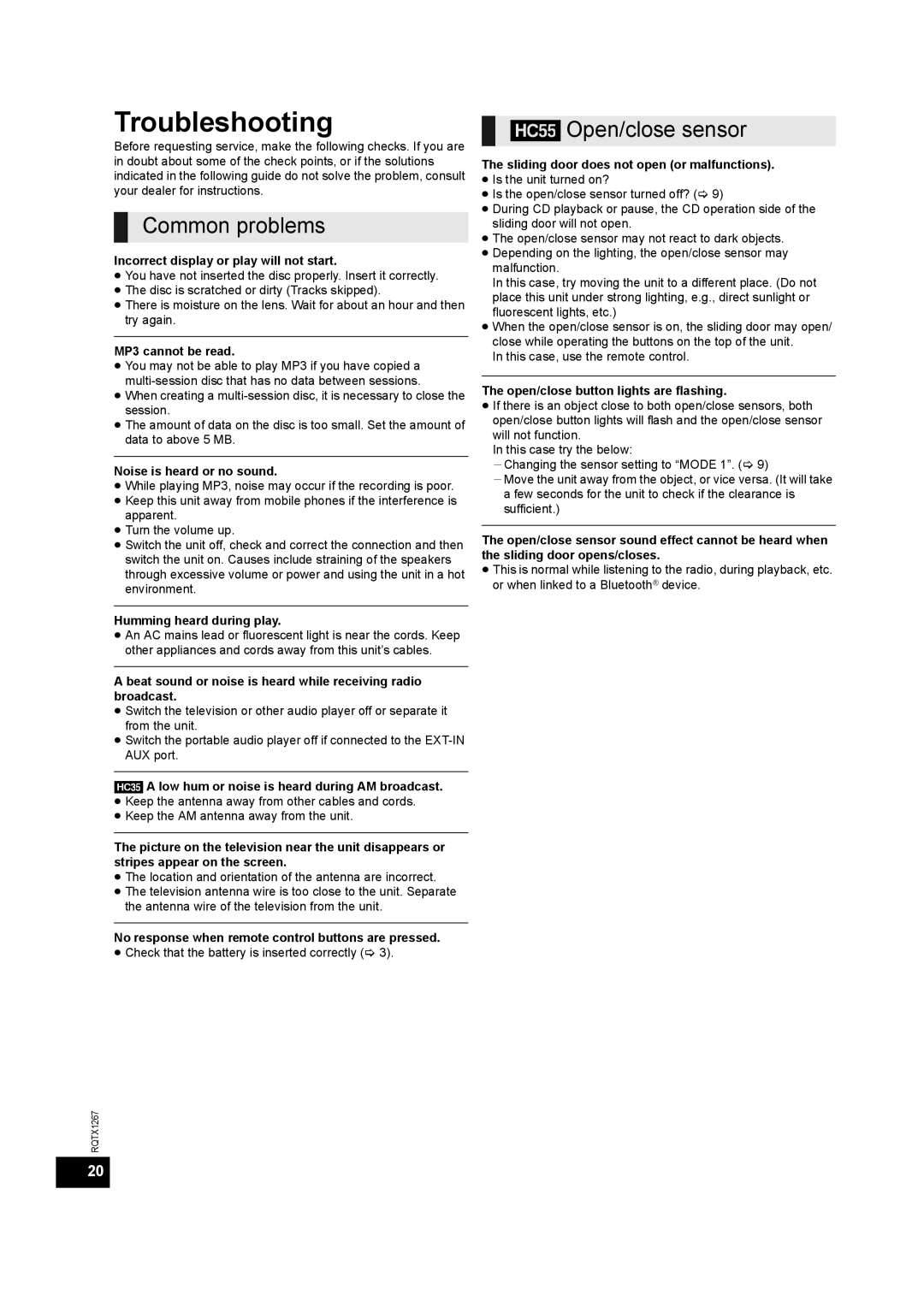 Panasonic SC-HC55DB, SC-HC35 installation instructions Troubleshooting, Common problems, HC55 Open/close sensor 