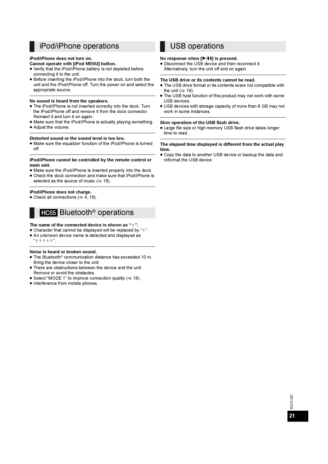 Panasonic SC-HC35, SC-HC55DB installation instructions IPod/iPhone operations USB operations, HC55 Bluetooth operations 