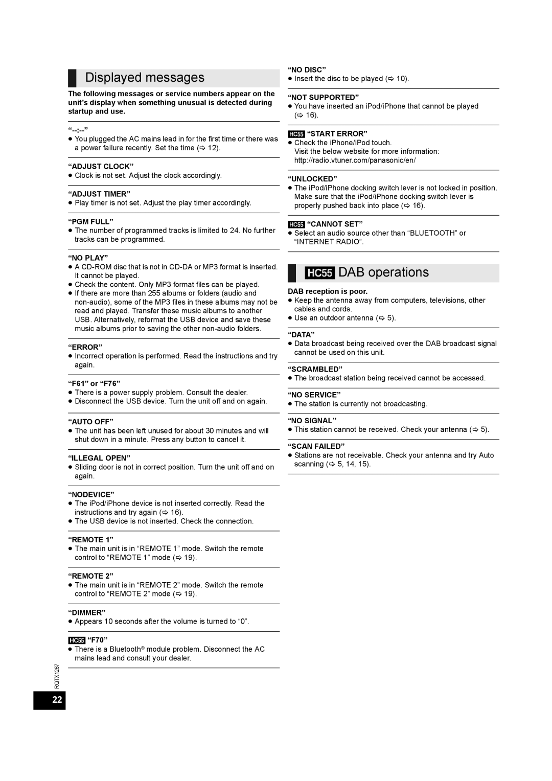 Panasonic SC-HC55DB, SC-HC35 installation instructions Displayed messages, HC55 DAB operations 