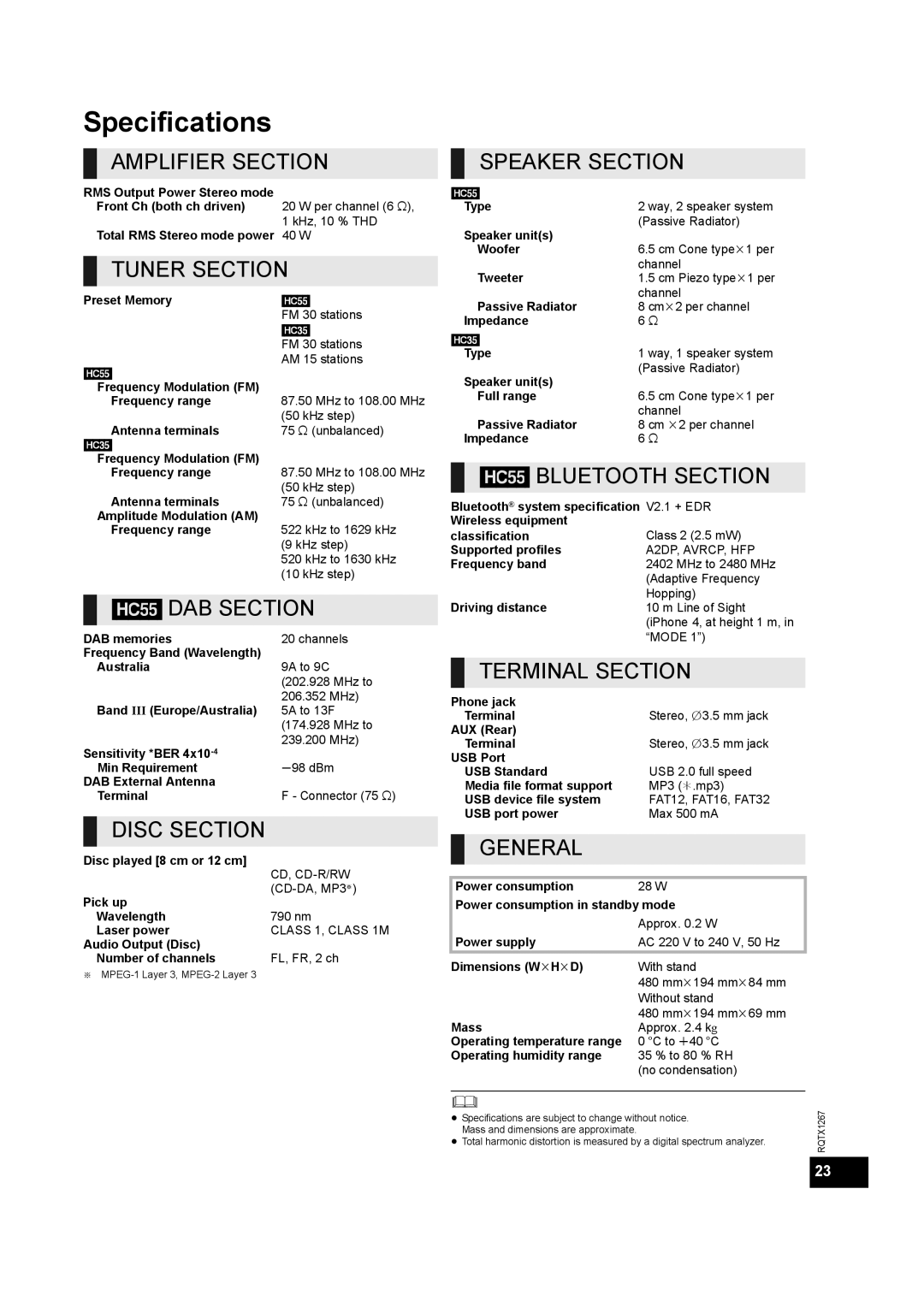 Panasonic SC-HC35, SC-HC55DB installation instructions Specifications 