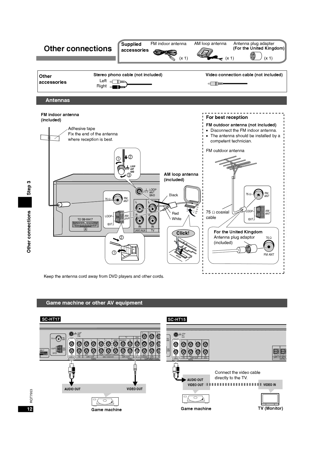 Panasonic SC-HT17 Antennas, Game machine or other AV equipment, For best reception, Other connections Step 