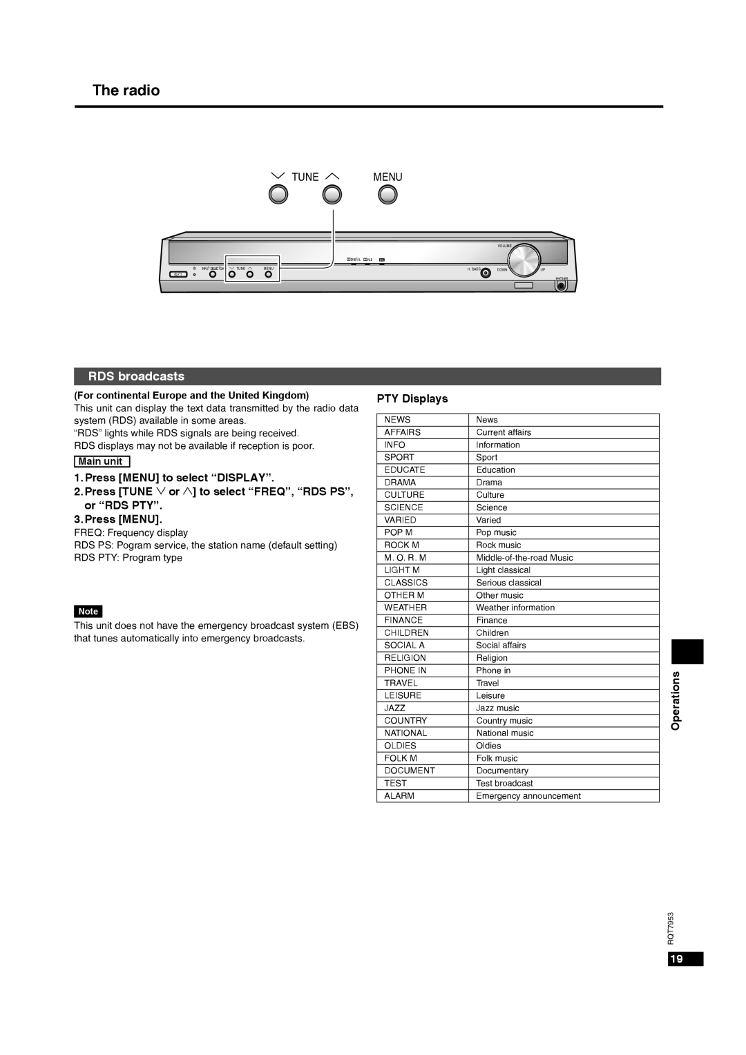 Panasonic SC-HT17 operating instructions RDS broadcasts, PTY Displays, For continental Europe and the United Kingdom 