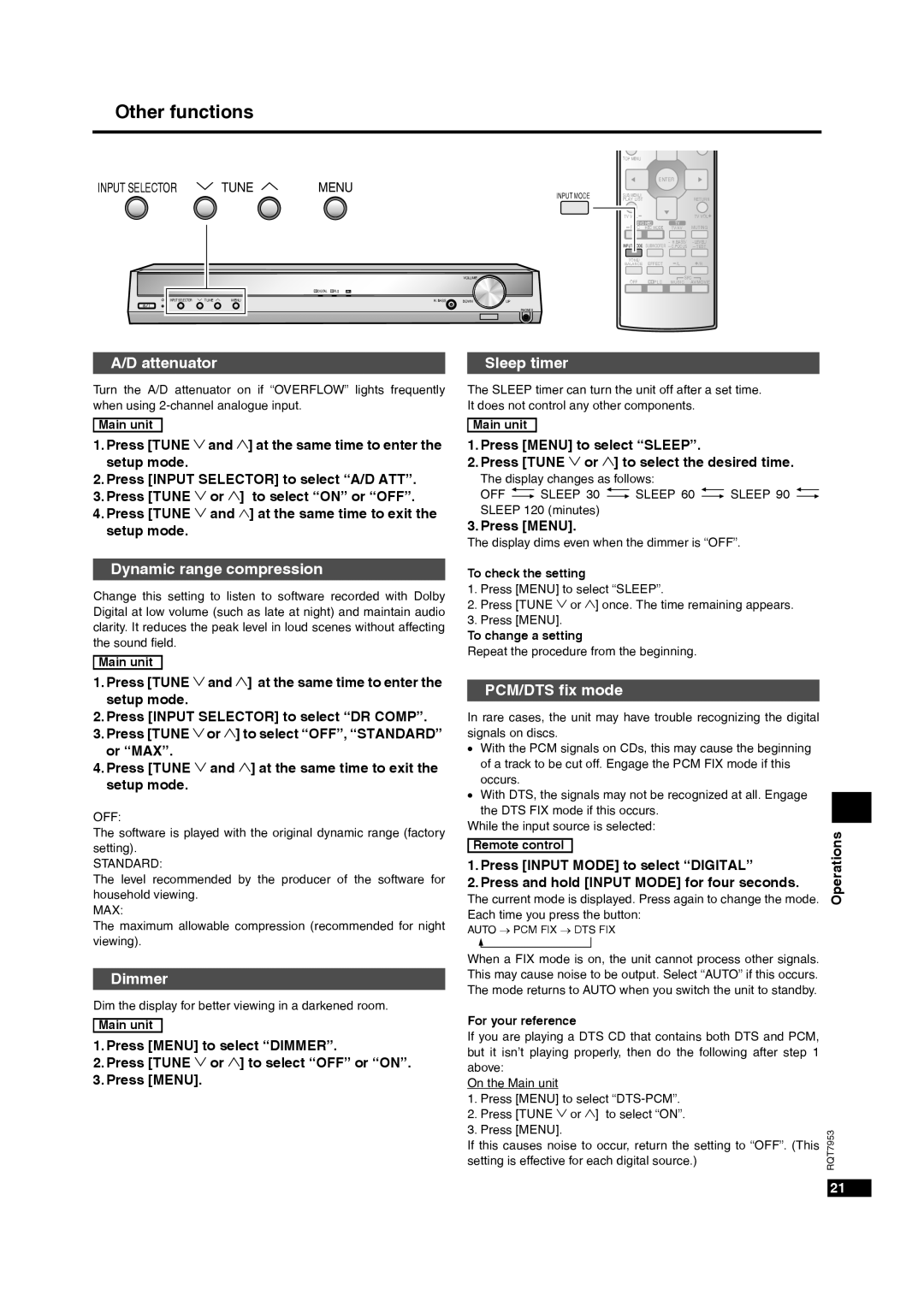 Panasonic SC-HT17 operating instructions Attenuator, Dynamic range compression, Dimmer, Sleep timer, PCM/DTS fix mode 