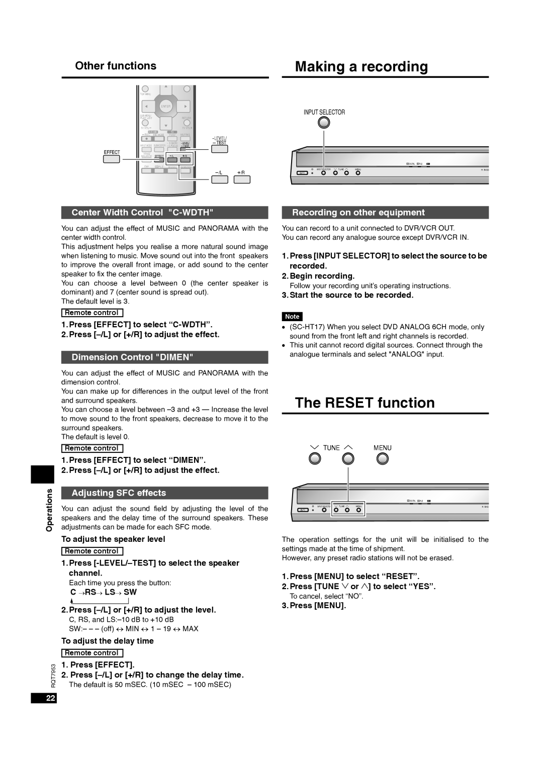 Panasonic SC-HT17 Reset function, Center Width Control C-WDTH, Dimension Control Dimen, Adjusting SFC effects 