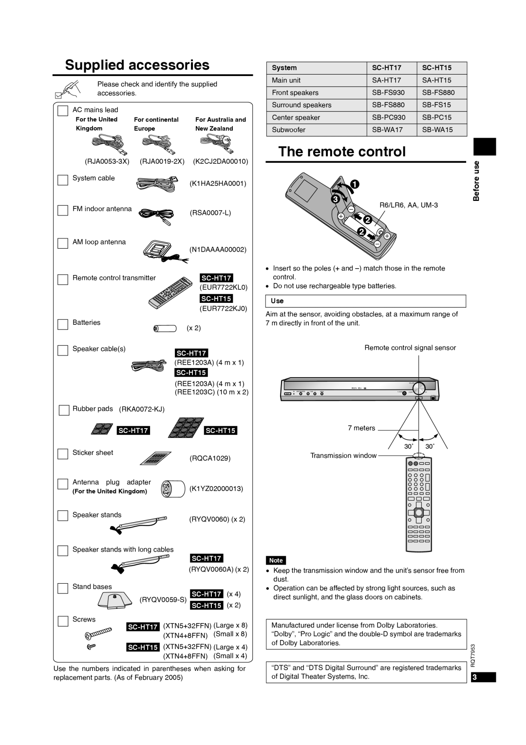 Panasonic operating instructions Supplied accessories, Remote control, Use, System SC-HT17 SC-HT15 