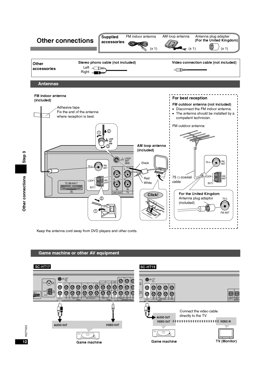 Panasonic SC-HT17 operating instructions Other connections, Antennas, Game machine or other AV equipment, SC-HT15 