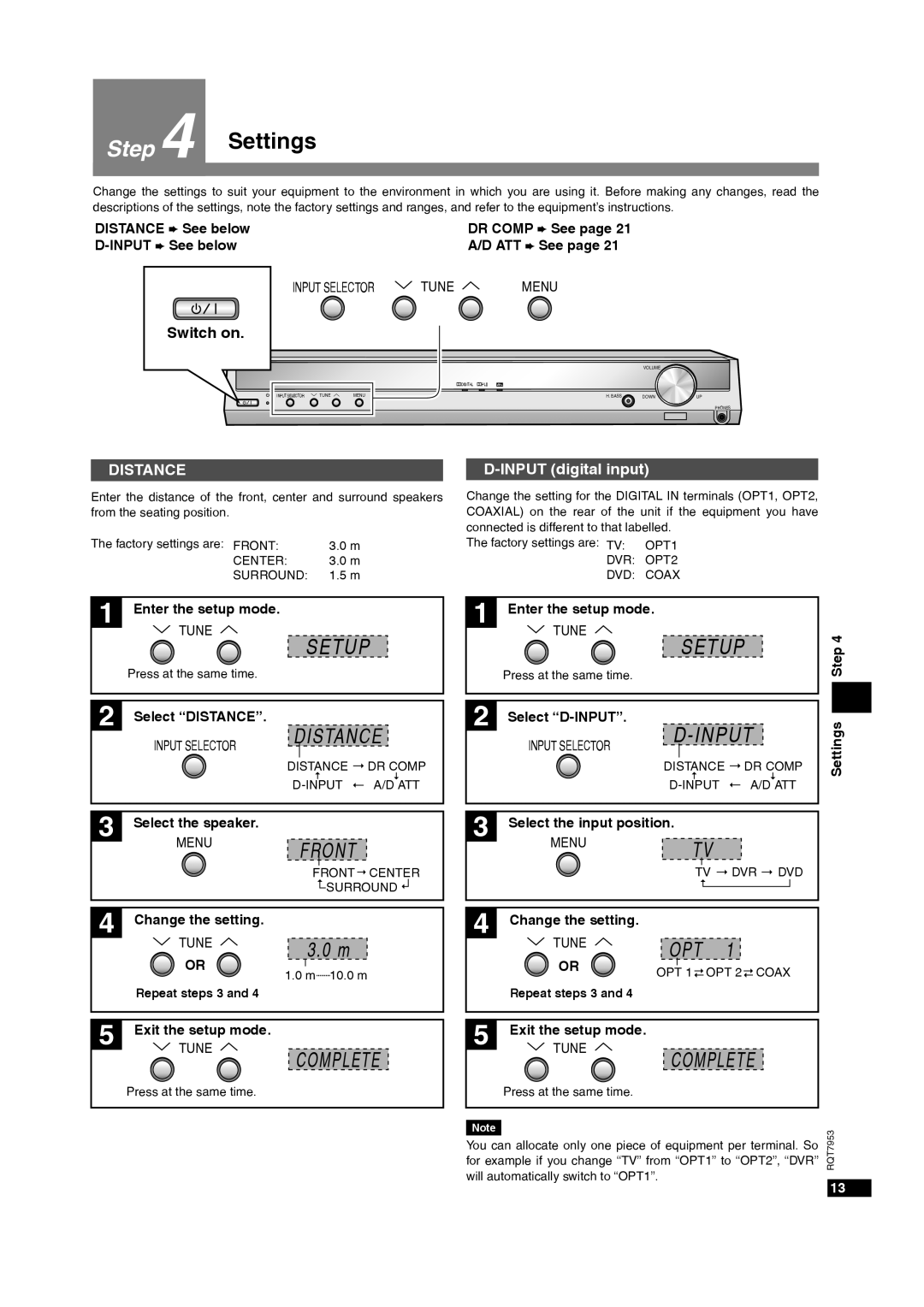 Panasonic SC-HT17 operating instructions Settings, Setup, Distance, Complete, D-Input 