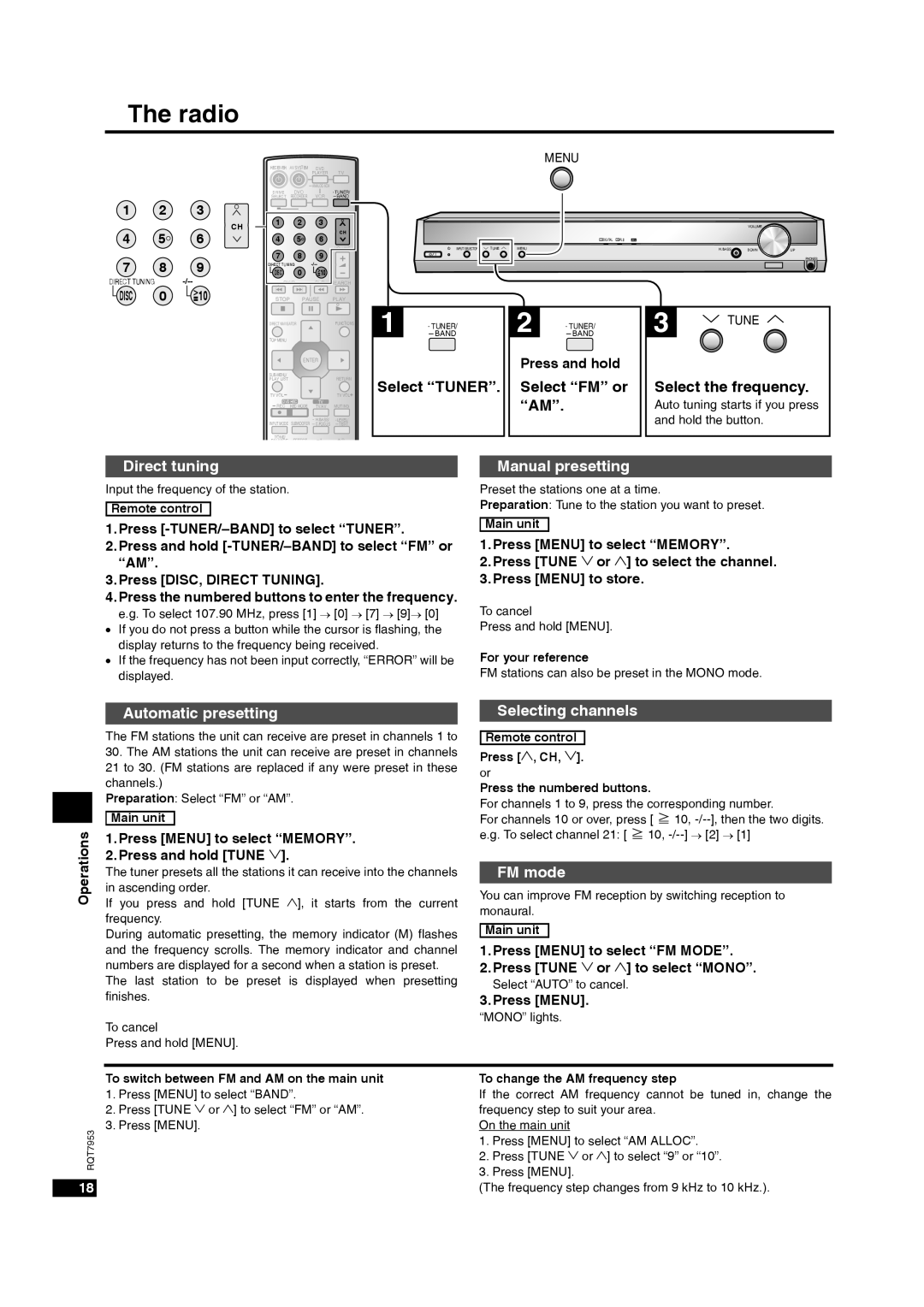 Panasonic SC-HT17 The radio, Select “TUNER”, Select “FM” or “AM”, Select the frequency, Direct tuning, Manual presetting 