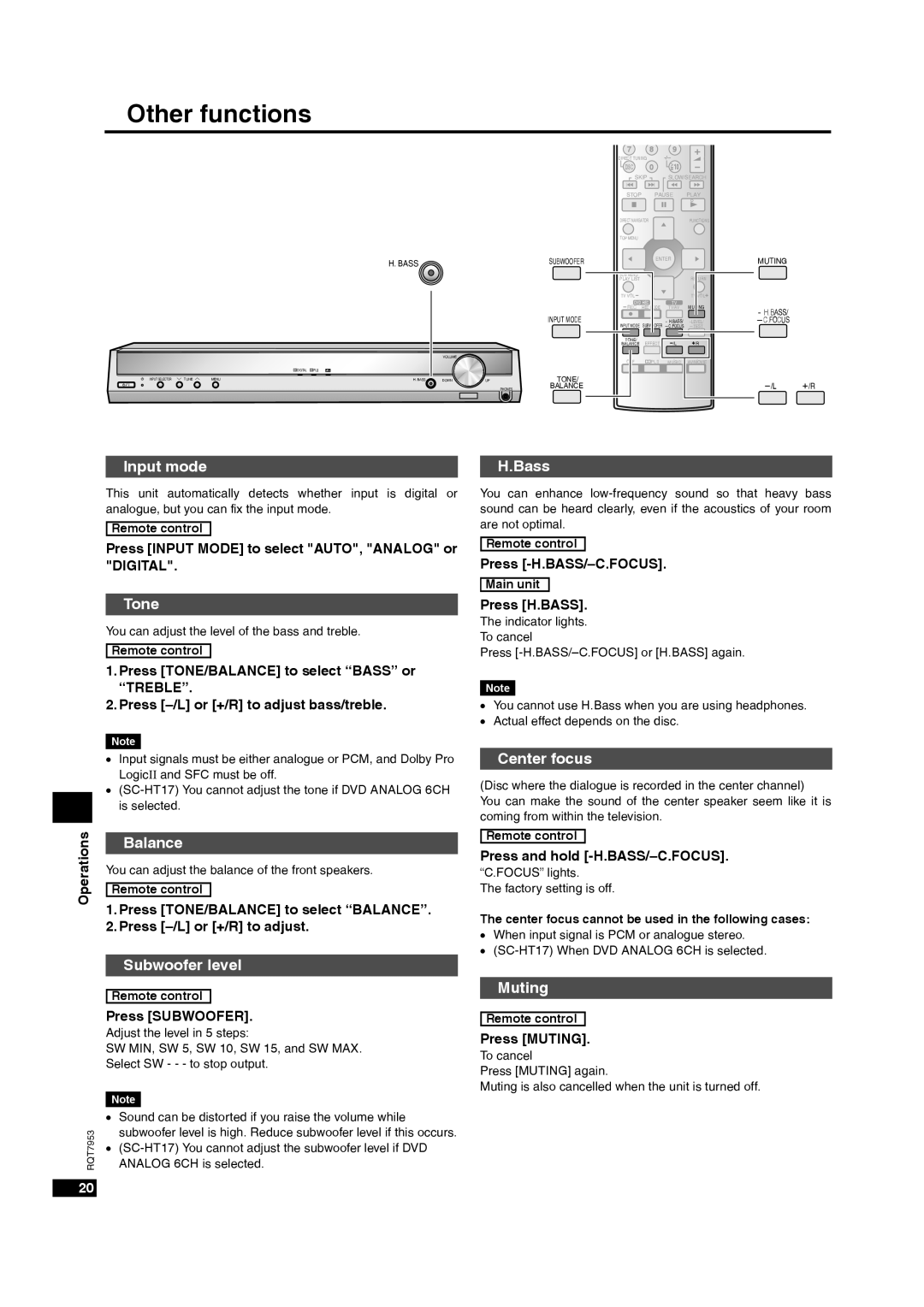 Panasonic SC-HT17 Other functions, Input mode, H.Bass, Tone, Balance, Center focus, Subwoofer level, Muting 