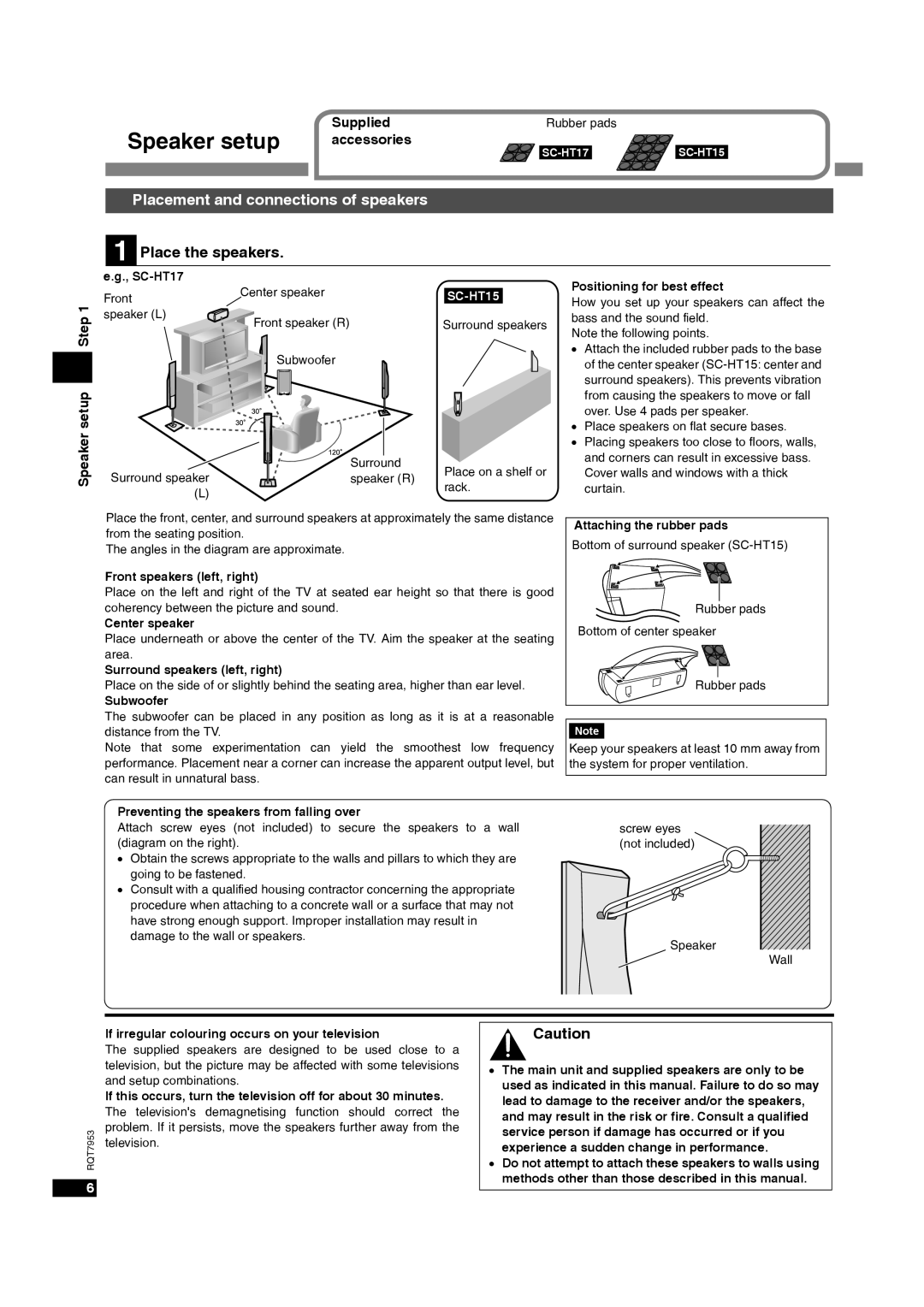 Panasonic SC-HT17 operating instructions Placement and connections of speakers, Place the speakers, Speaker setup, SC-HT15 