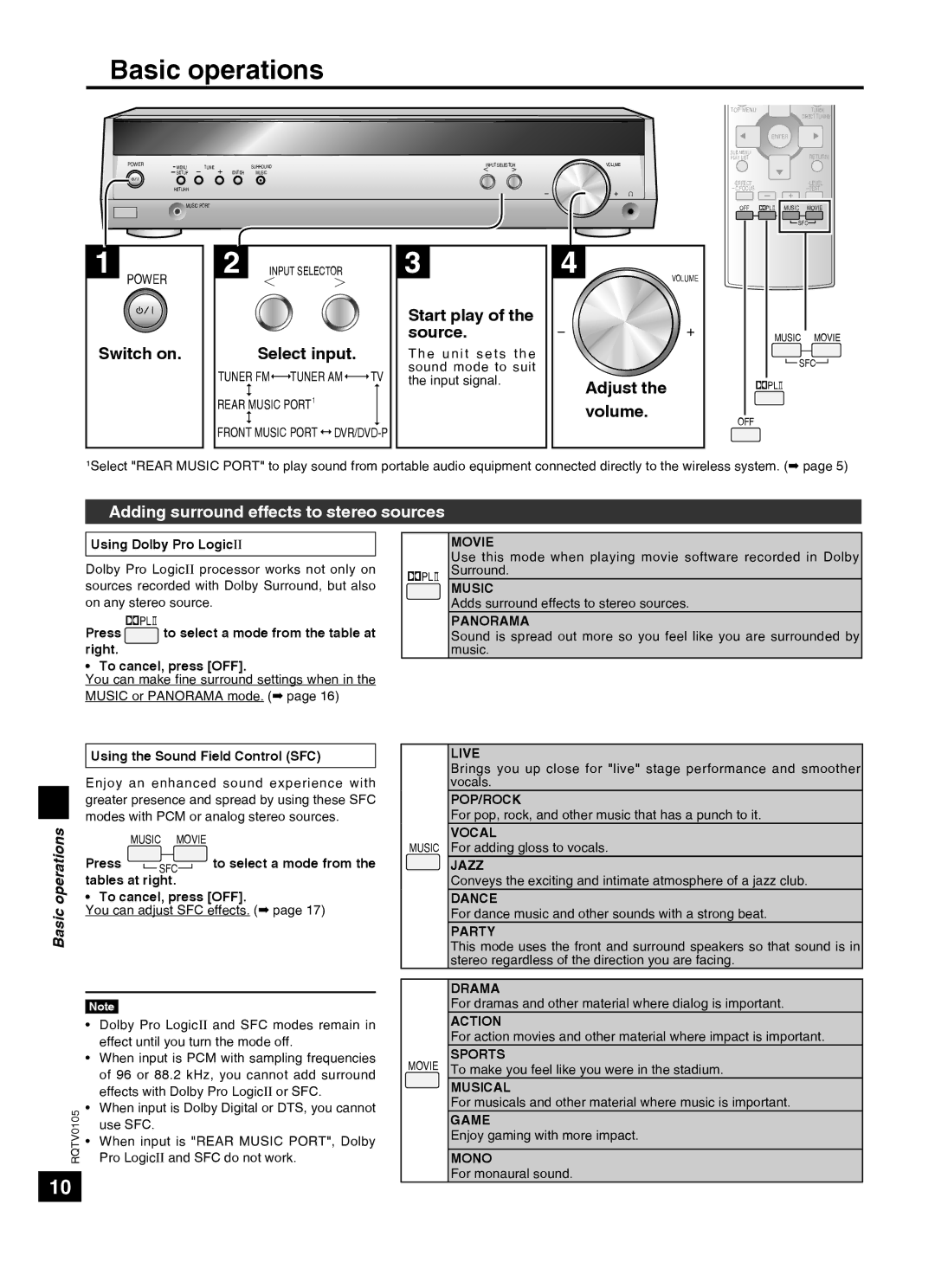 Panasonic SC-HT40 specifications Basic operations, Adding surround effects to stereo sources 