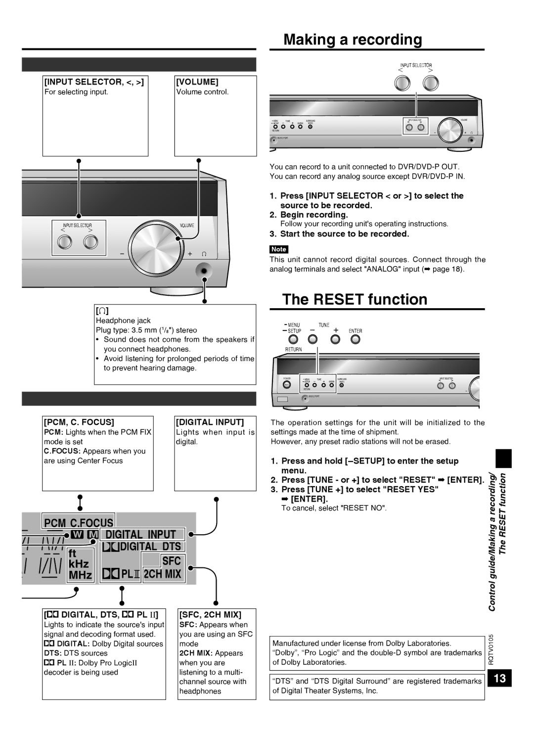 Panasonic SC-HT40 specifications Making a recording, Reset function, KHz, MHz 