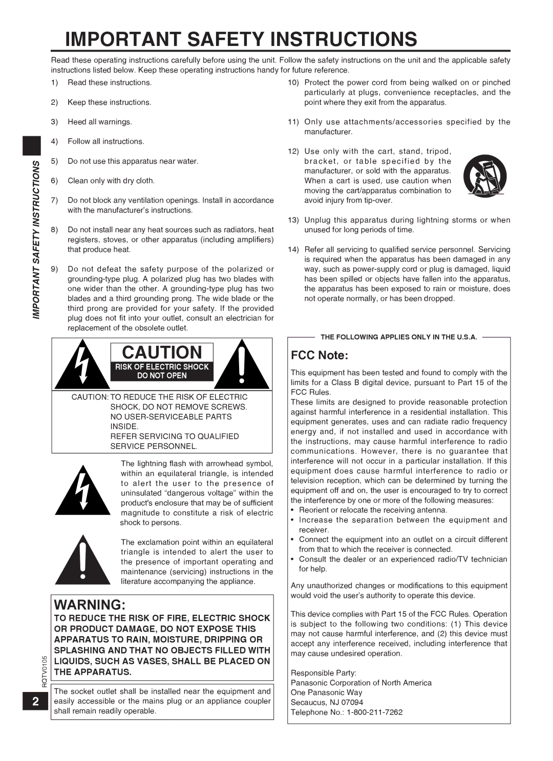 Panasonic SC-HT40 specifications Important Safety Instructions, FCC Note 