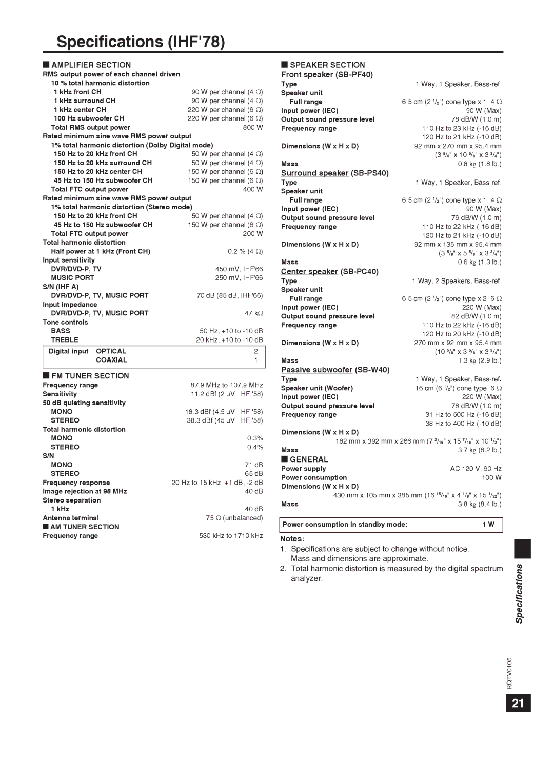 Panasonic SC-HT40 specifications Speciﬁcations IHF78 