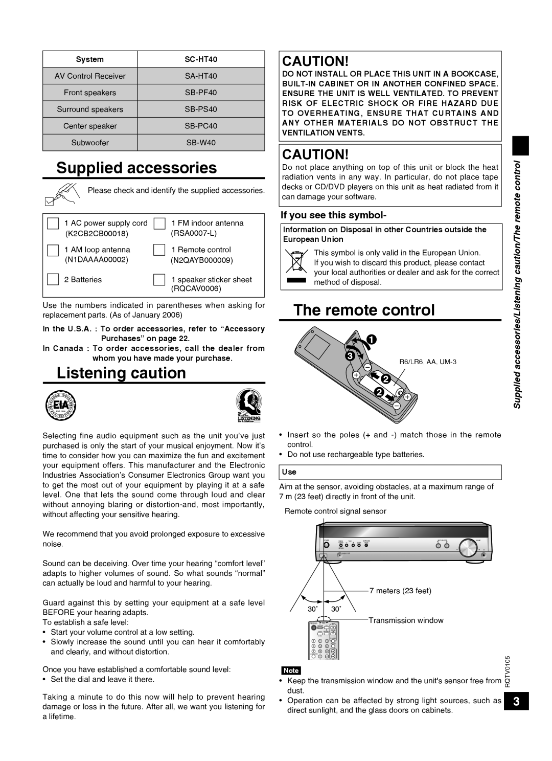 Panasonic SC-HT40 specifications Supplied accessories, Listening caution, Remote control, If you see this symbol, Control 