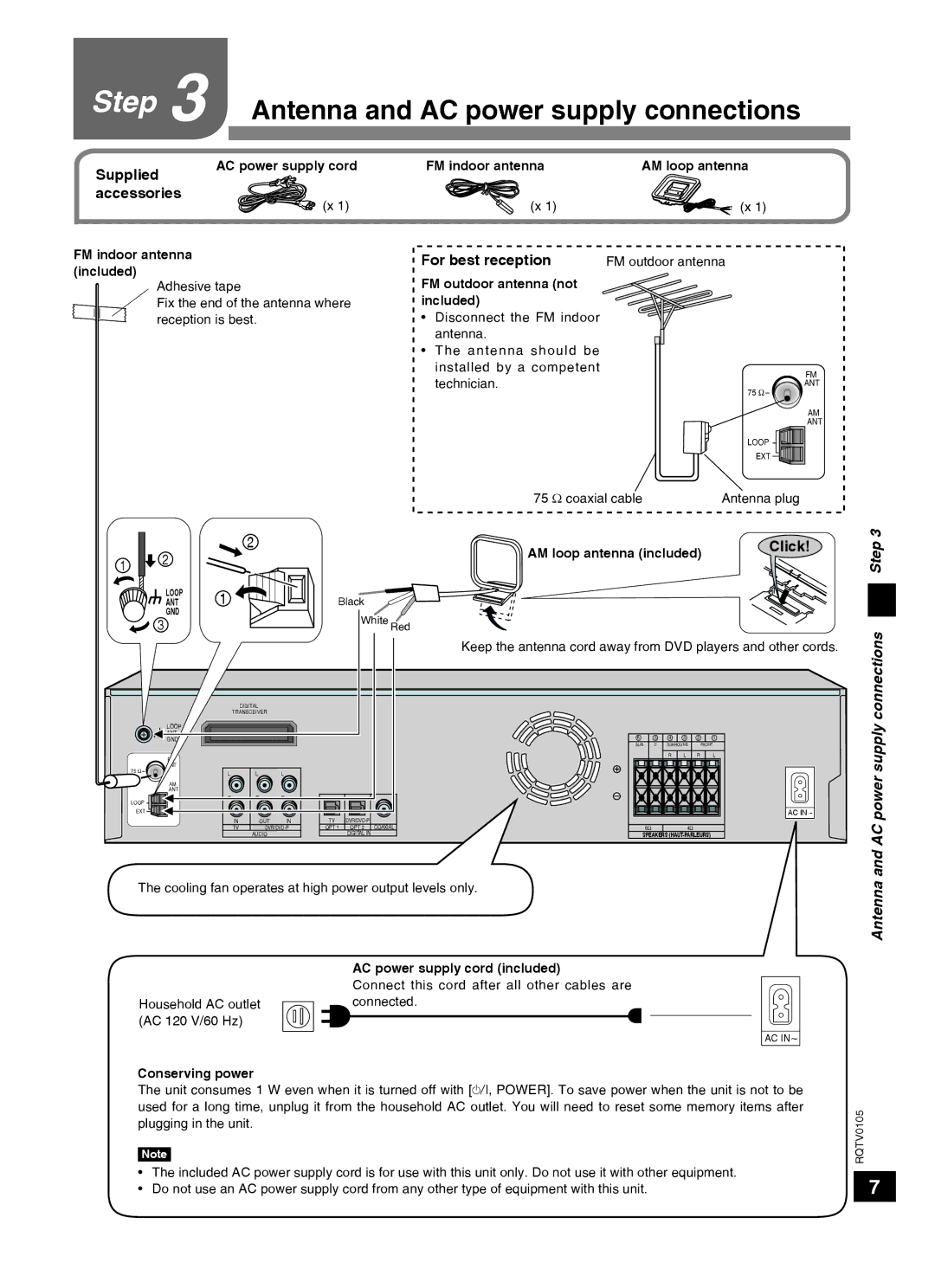 Panasonic SC-HT40 specifications Antenna and AC power supply connections, Supplied, For best reception, Click 