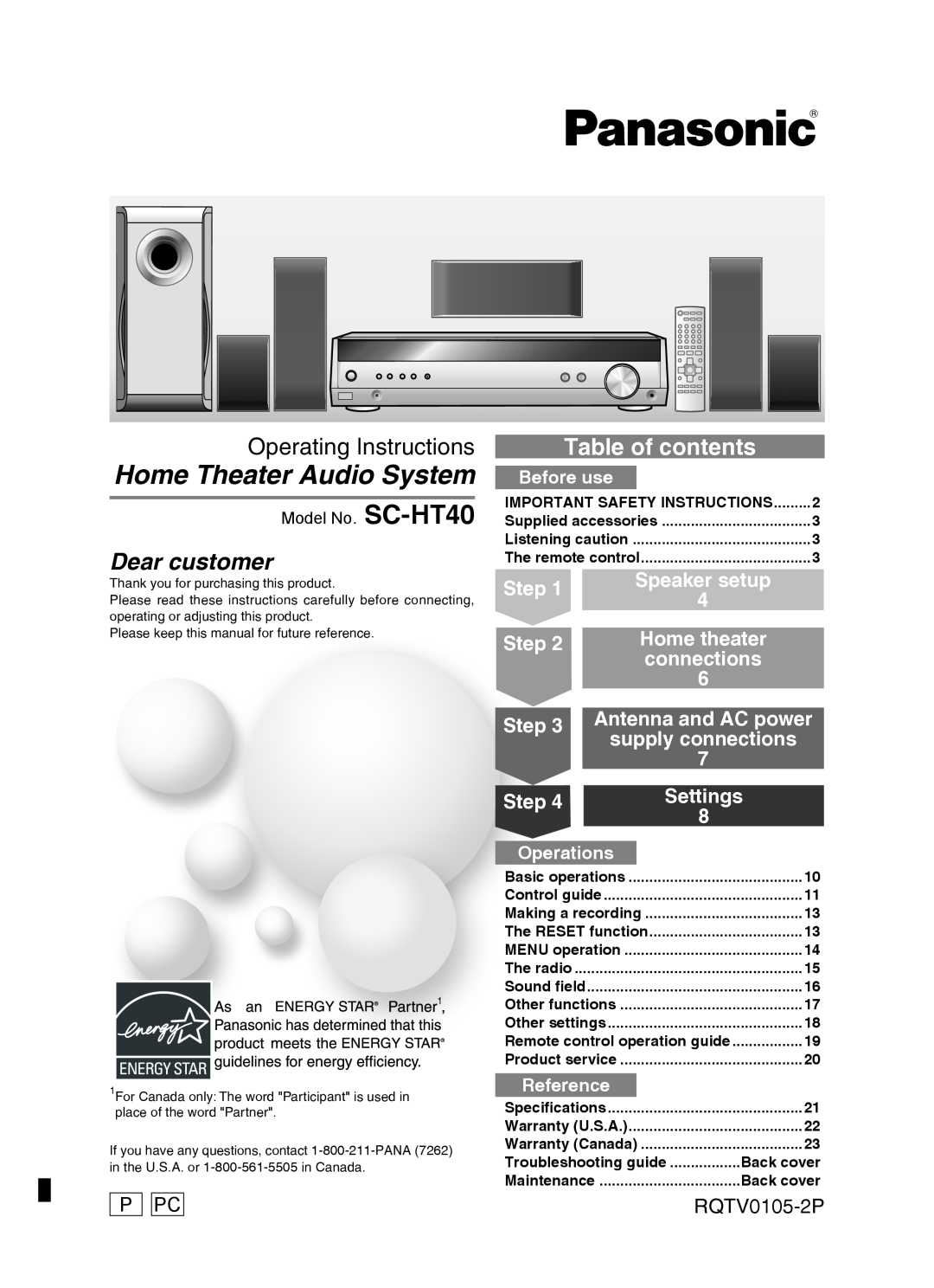Panasonic specifications Operating Instructions, Step, P Pc, RQTV0105-2P, Model No. SC-HT40, Home Theater Audio System 