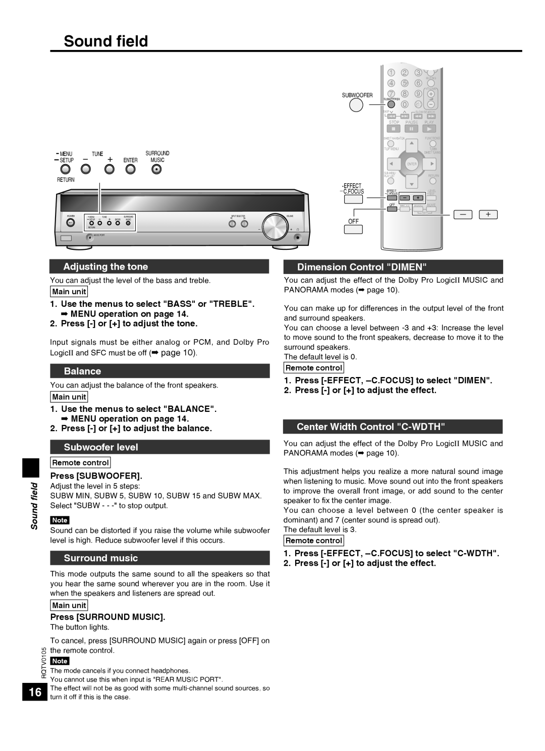 Panasonic SC-HT40 Sound ﬁeld, Adjusting the tone, Dimension Control DIMEN, Balance, Subwoofer level, Surround music 