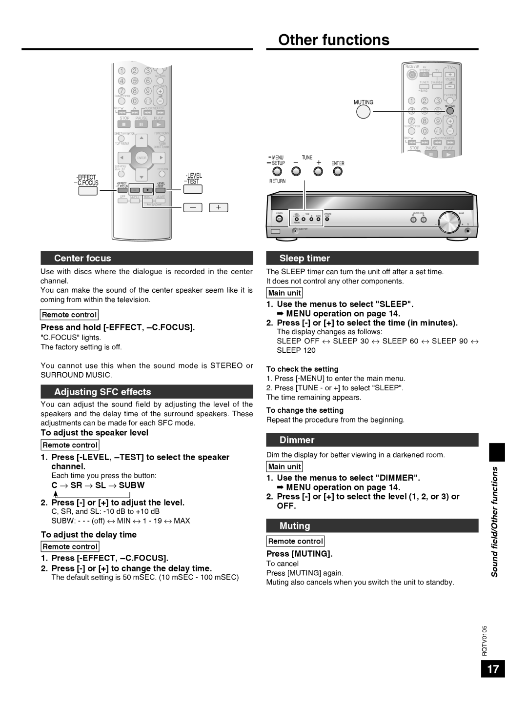 Panasonic SC-HT40 specifications Other functions, Center focus, Adjusting SFC effects, Sleep timer, Dimmer, Muting, Sound 