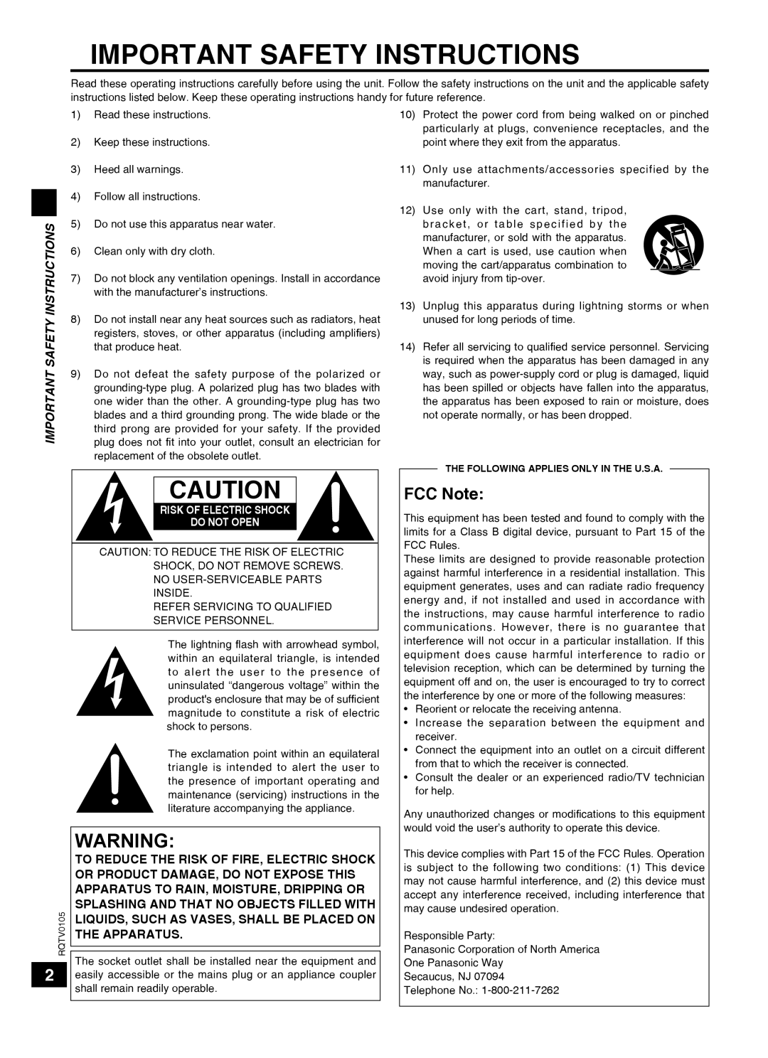 Panasonic SC-HT40 specifications FCC Note, Important Safety Instructions, Risk Of Electric Shock Do Not Open 