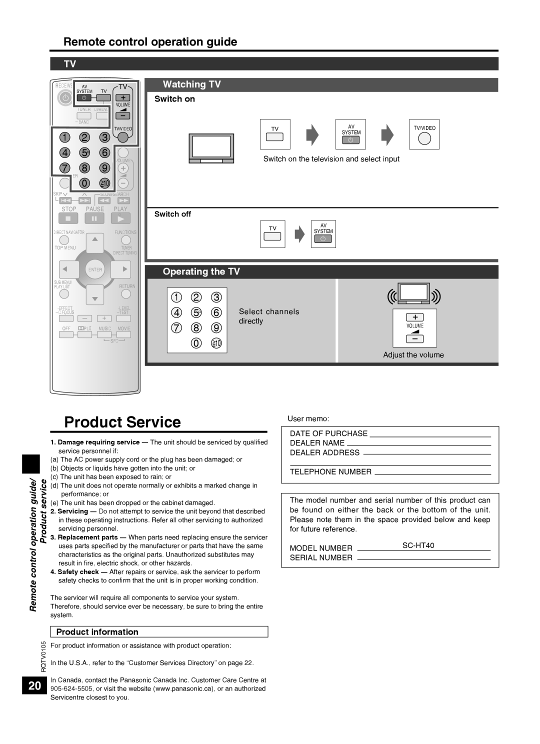 Panasonic SC-HT40 specifications Product Service, Remote control operation guide 