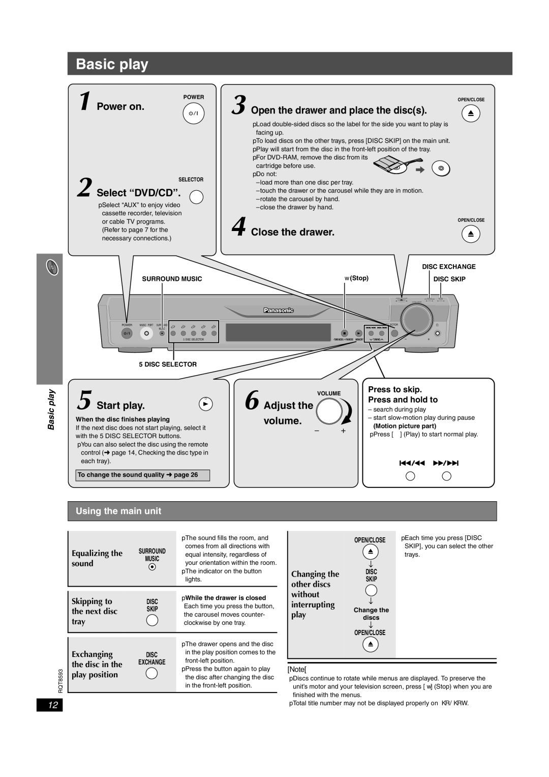 Panasonic SC-HT440 manual Basic play, Using the main unit, Press to skip Press and hold to, Disc Selector 