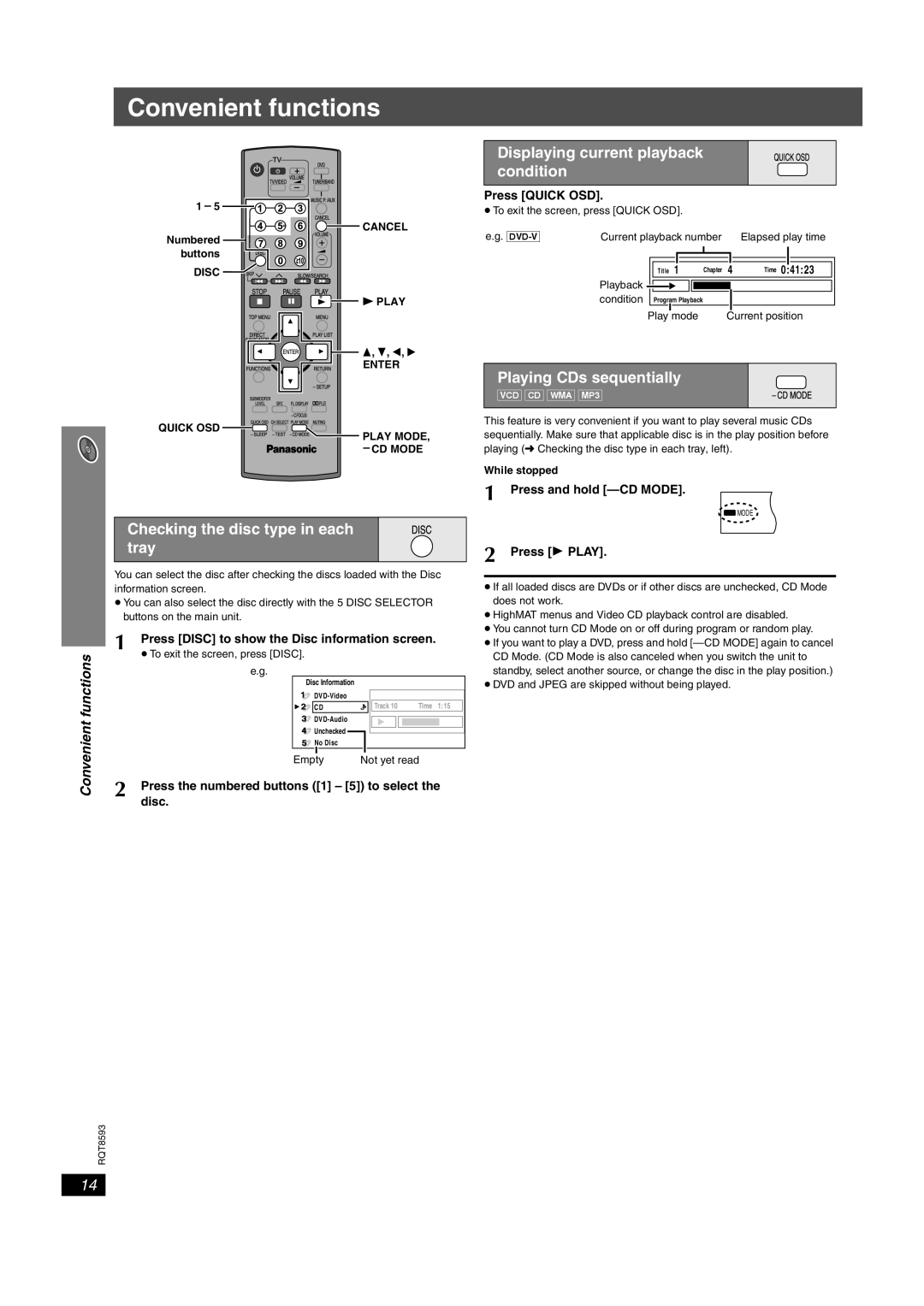 Panasonic SC-HT440 manual Convenient functions, Displaying current playback Condition, Playing CDs sequentially 