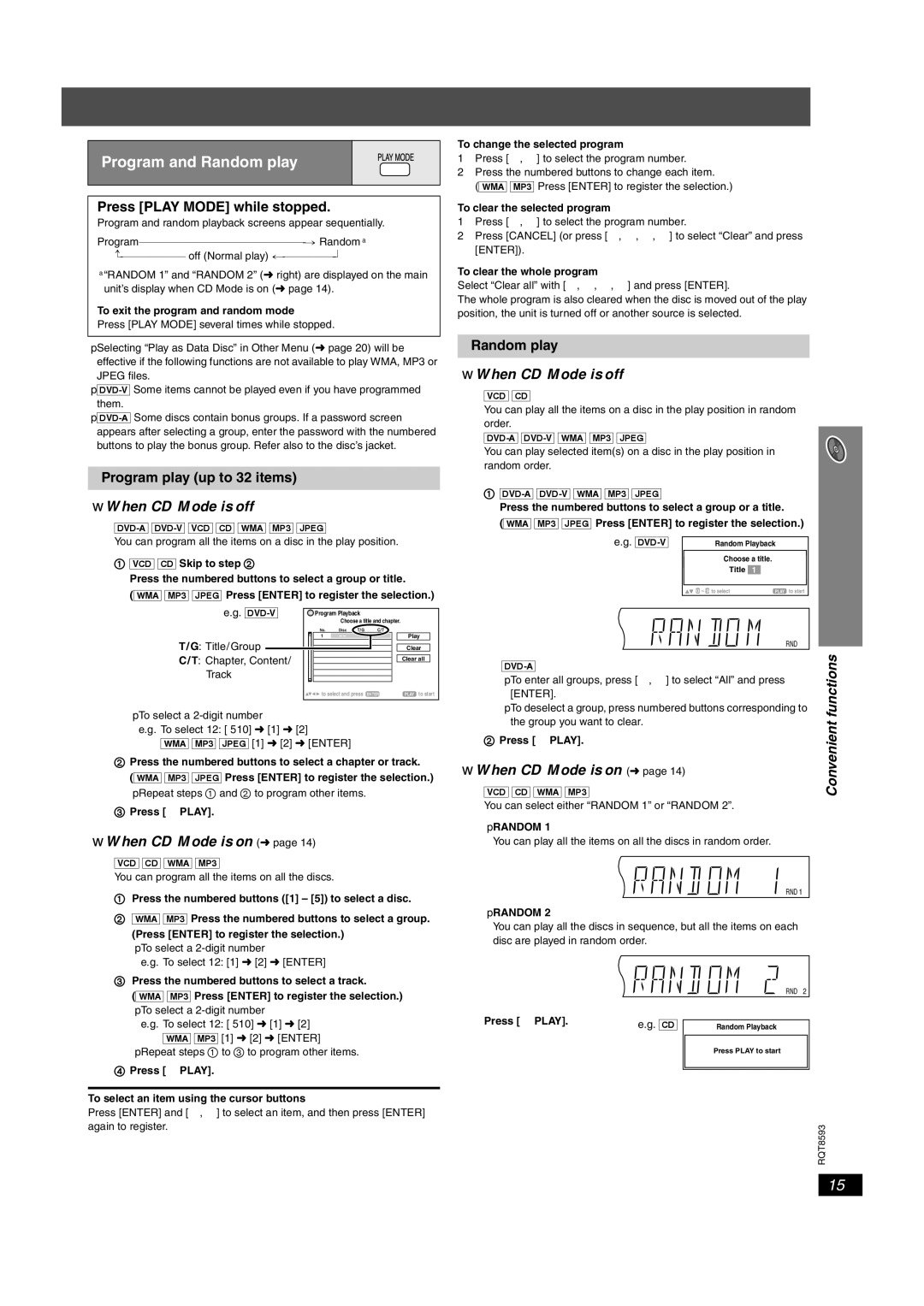 Panasonic SC-HT440 manual Program and Random play, Press Play Mode while stopped, Program play up to 32 items, ≥ Random 