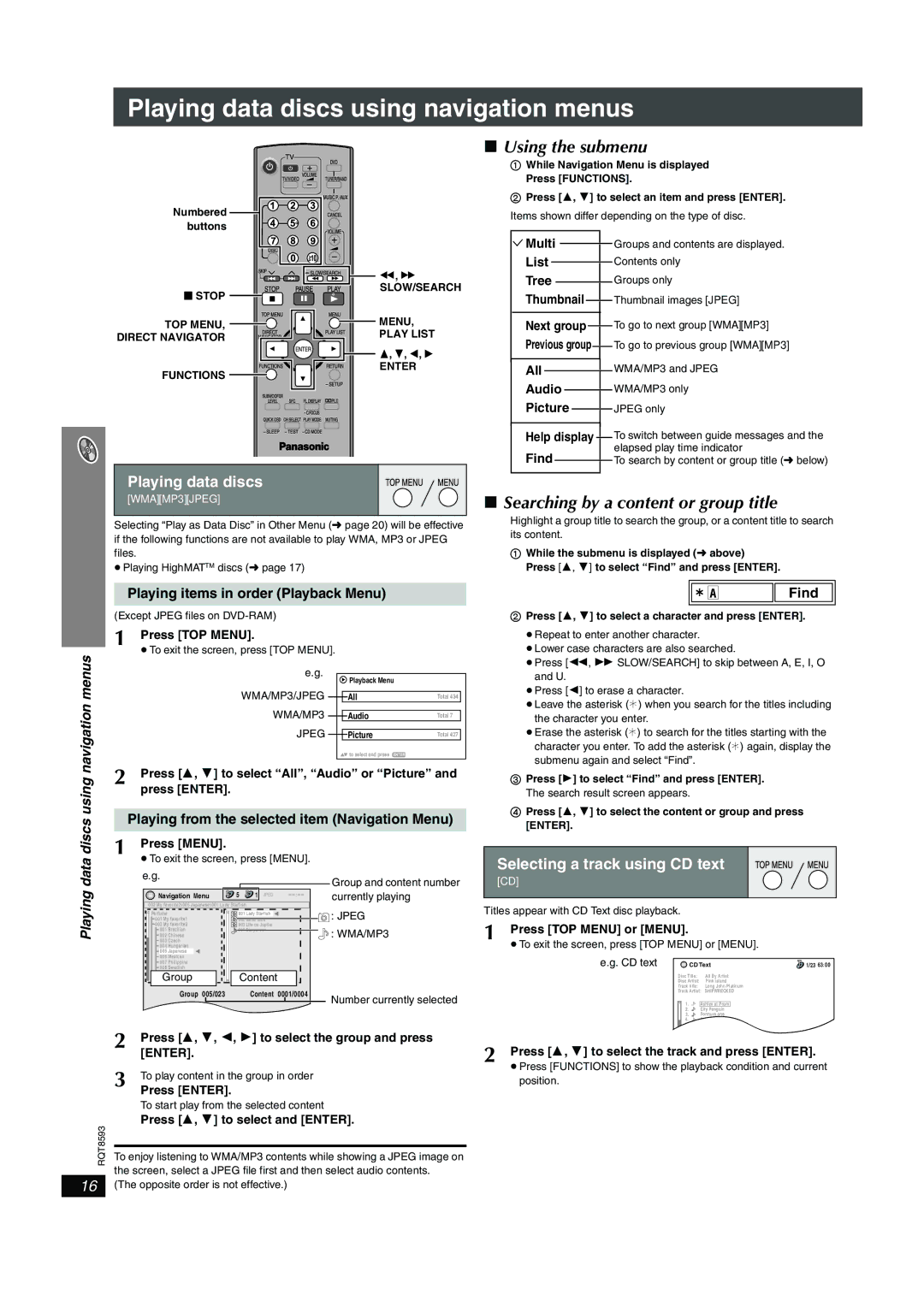 Panasonic SC-HT440 Playing data discs using navigation menus, Using the submenu, Searching by a content or group title 