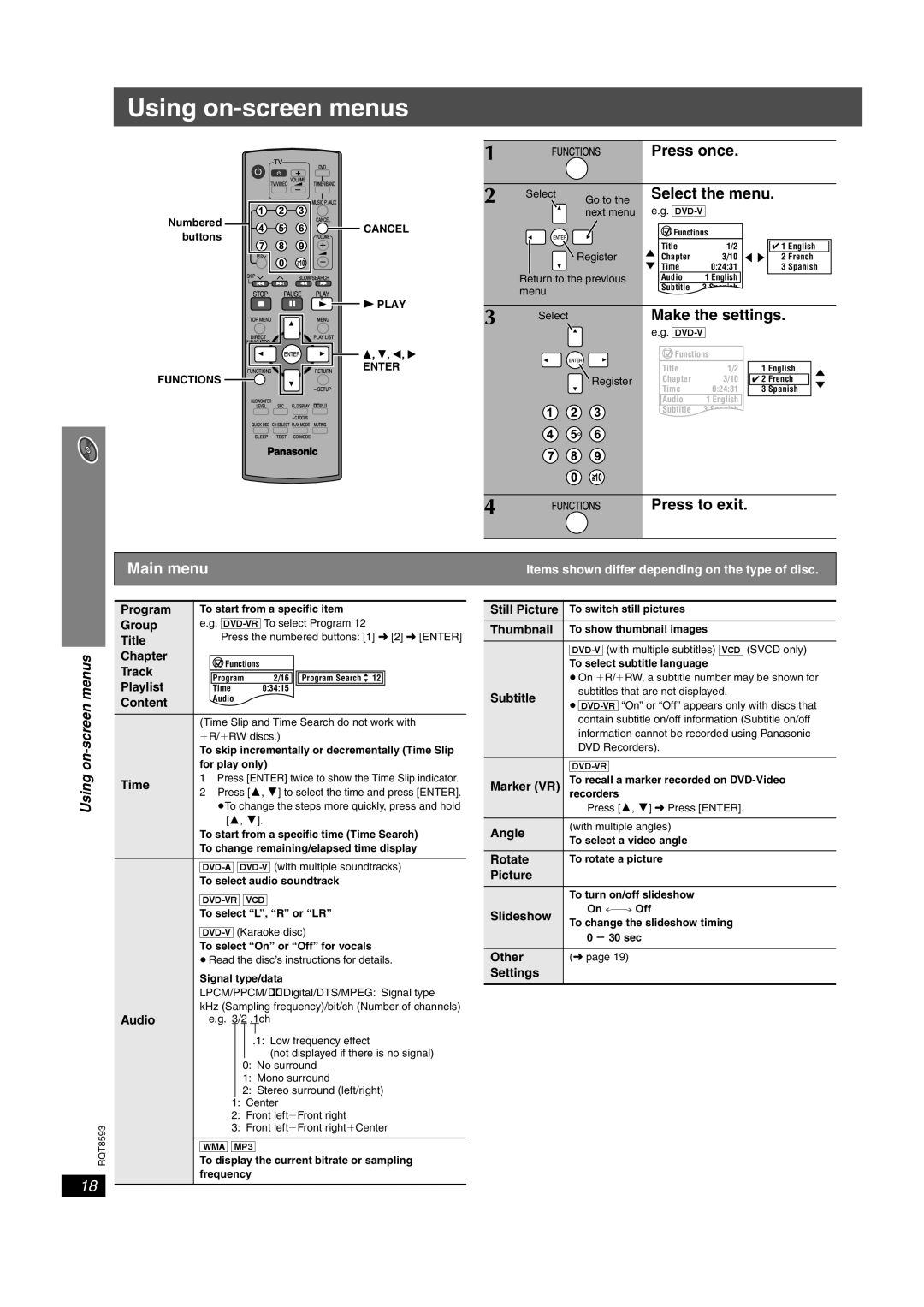 Panasonic SC-HT440 manual Using on-screen menus, Main menu, On-screen 