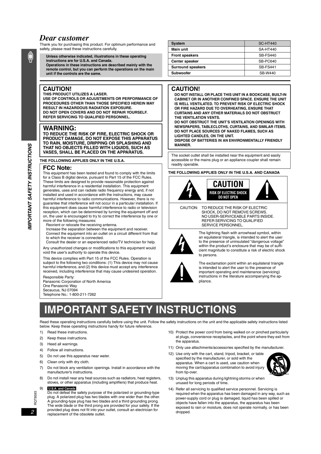 Panasonic SC-HT440 manual Following Applies only in the U.S.A. and Canada 