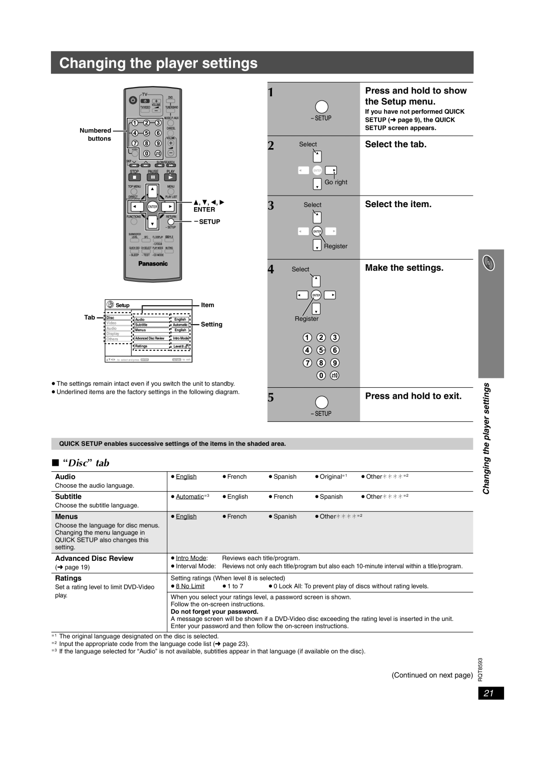 Panasonic SC-HT440 manual Changing the player settings, Disc tab, Player settings 