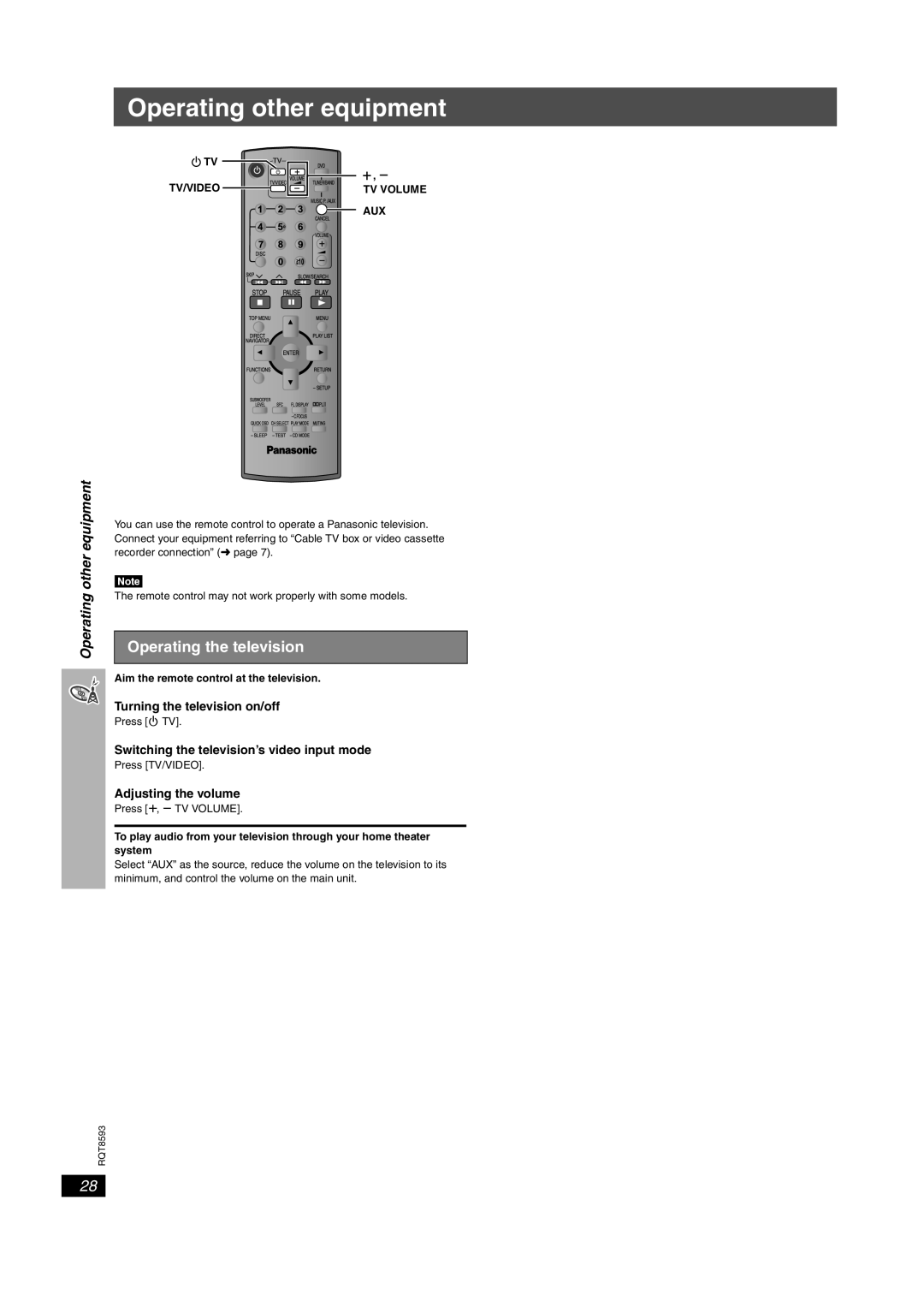 Panasonic SC-HT440 manual Operating other equipment, Operating the television 