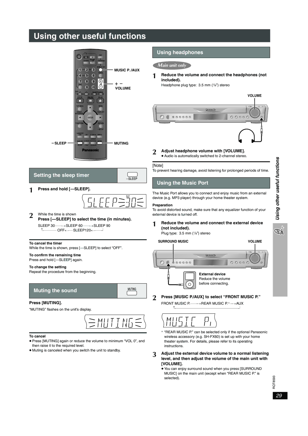 Panasonic SC-HT440 manual Using other useful functions, Using headphones, Setting the sleep timer, Muting the sound 