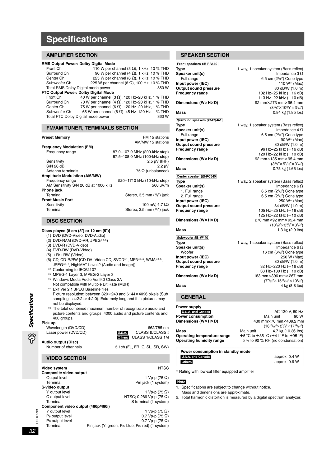 Panasonic SC-HT440 manual Specifications 