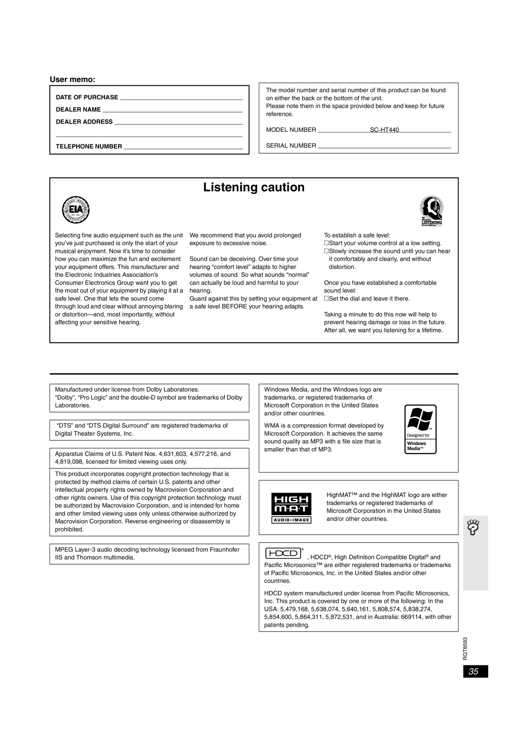 Panasonic SC-HT440 manual User memo 