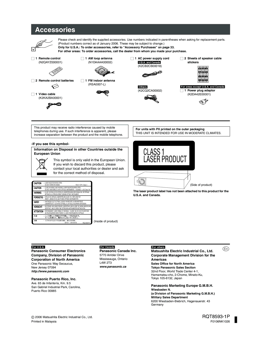 Panasonic SC-HT440 manual Accessories, Americas, Panasonic Puerto Rico, Inc, Panasonic Marketing Europe G.M.B.H 