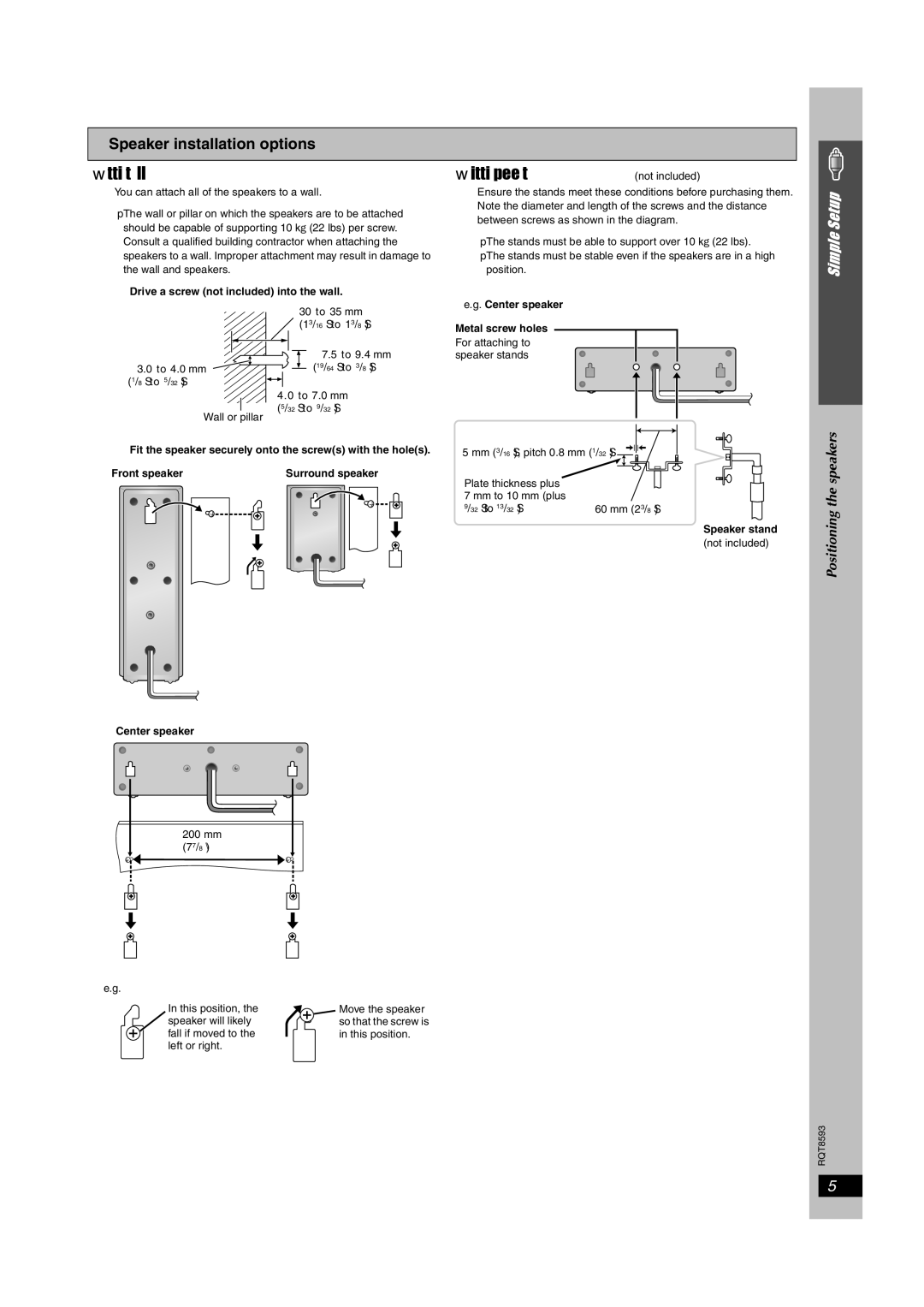 Panasonic SC-HT440 manual Attaching to a wall Fitting speaker stands not included 