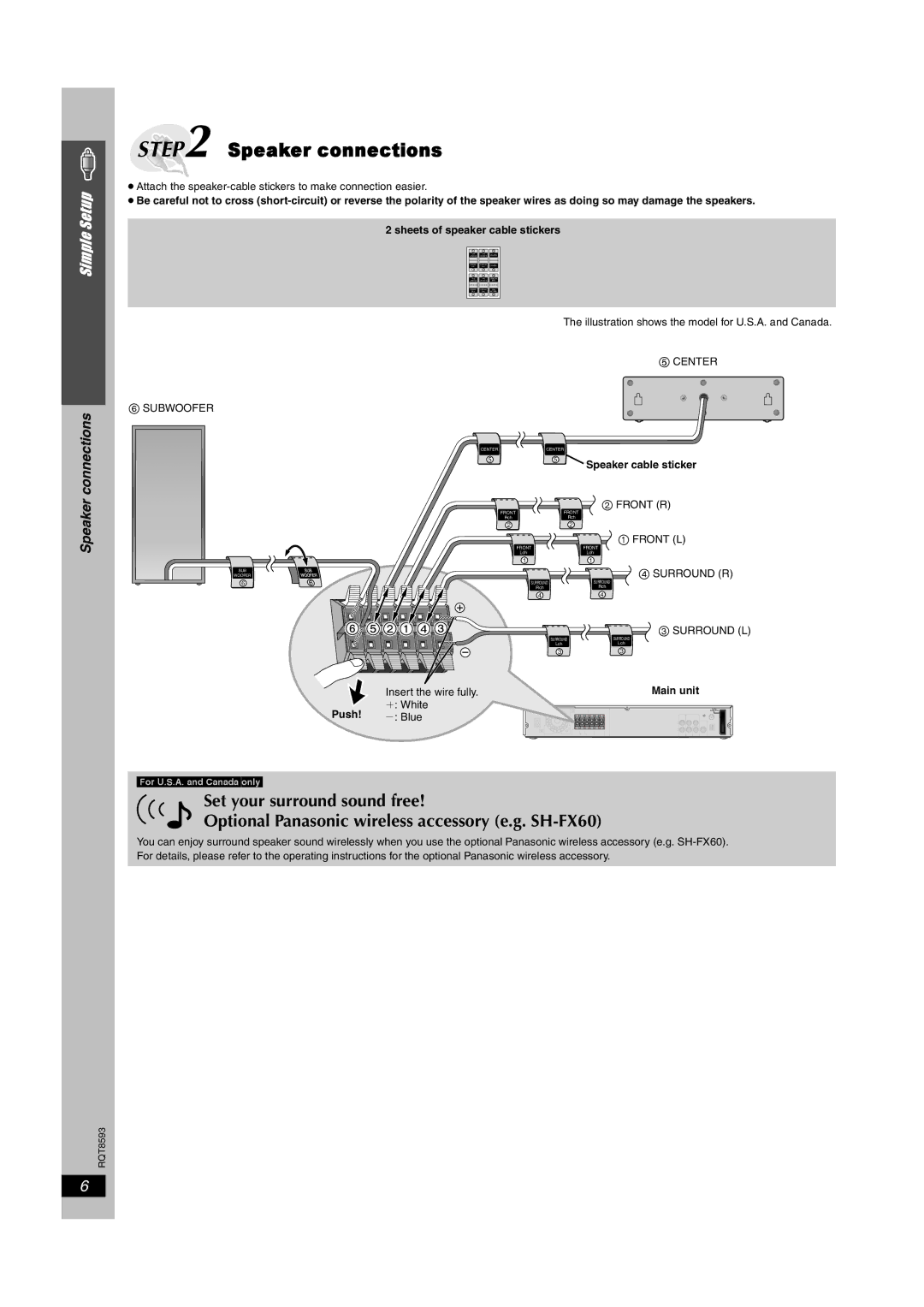 Panasonic SC-HT440 manual Speaker connections, Illustration shows the model for U.S.A. and Canada 