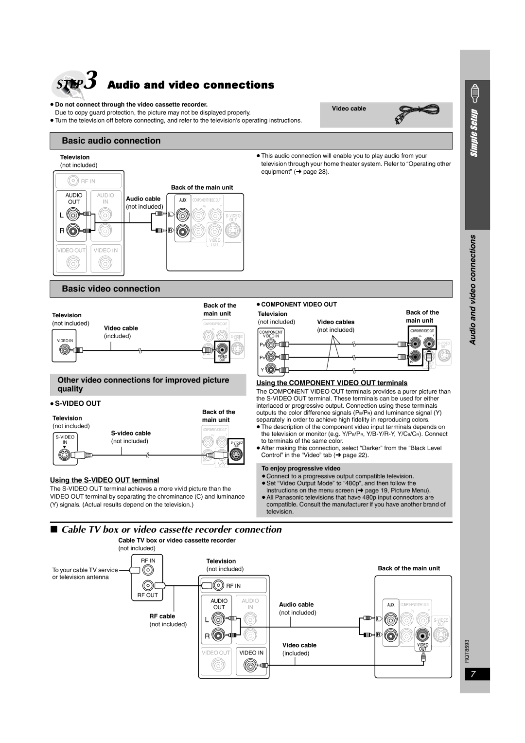 Panasonic SC-HT440 manual Cable TV box or video cassette recorder connection, Connections, Audio 