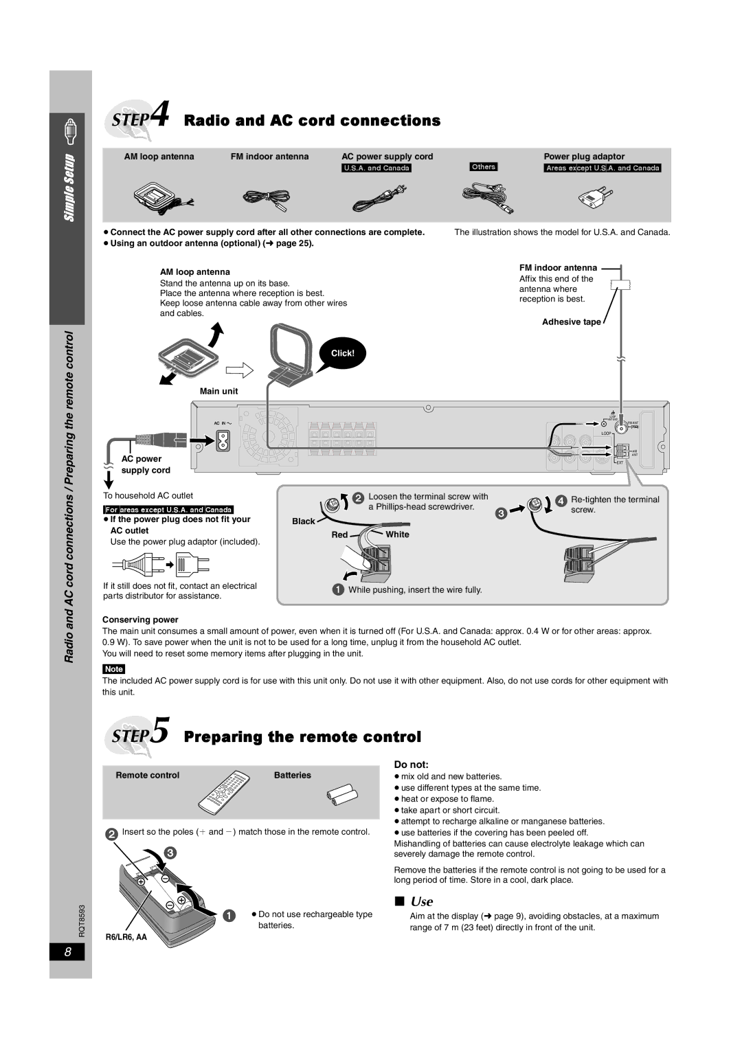 Panasonic SC-HT440 manual Use, Preparing the remote control, AC cord connections, Radio, Do not 