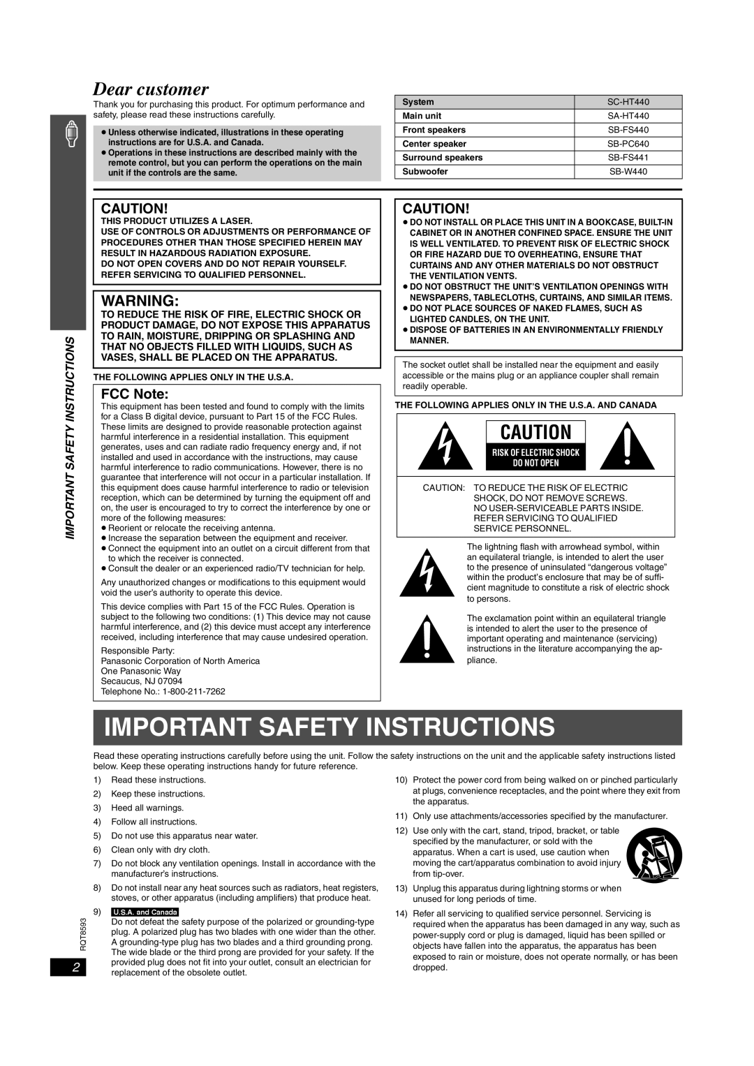 Panasonic SC-HT440 manual FCC Note, Important Safety Instructions, Dear customer, Risk Of Electric Shock Do Not Open 