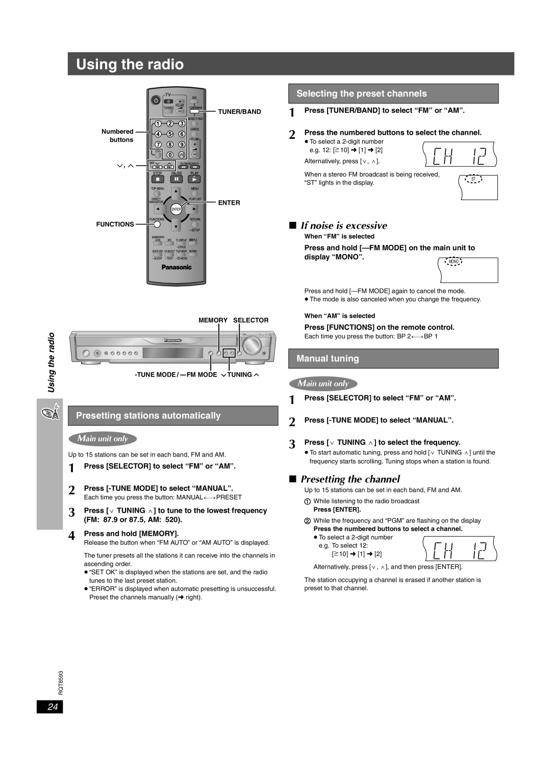 Panasonic SC-HT440 manual Using the radio, If noise is excessive, Presetting the channel, Presetting stations automatically 
