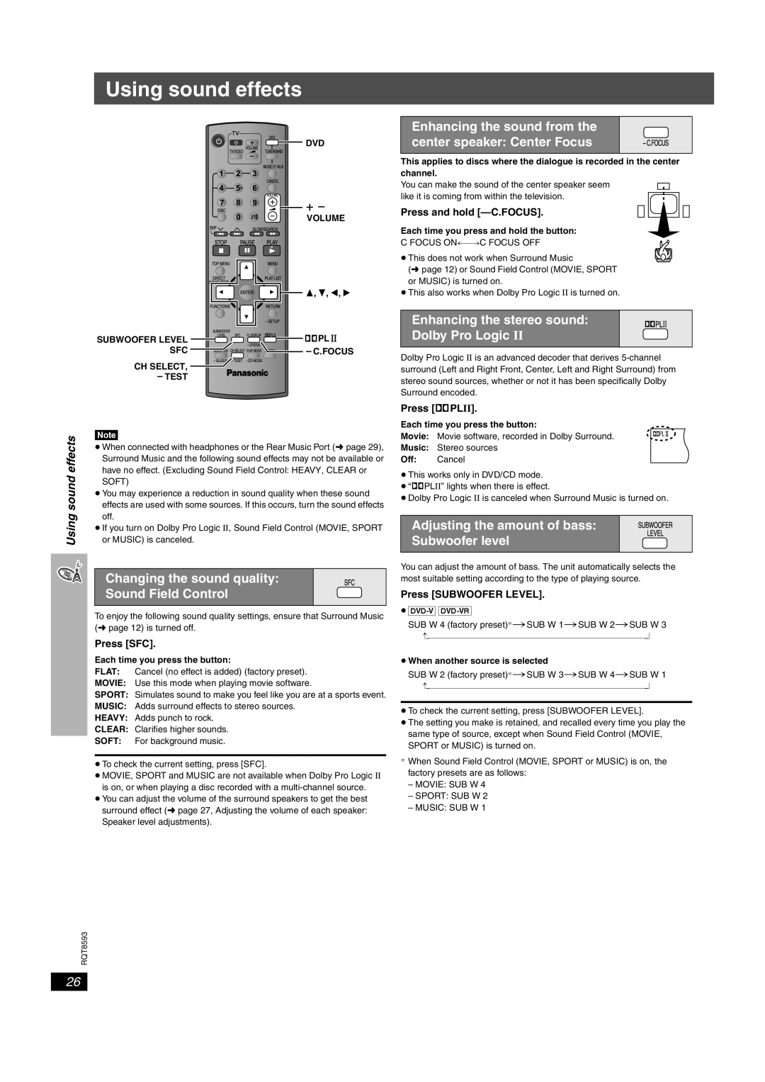 Panasonic SC-HT440 Using sound effects, Changing the sound quality Sound Field Control, Press SFC, Press and hold -C.FOCUS 