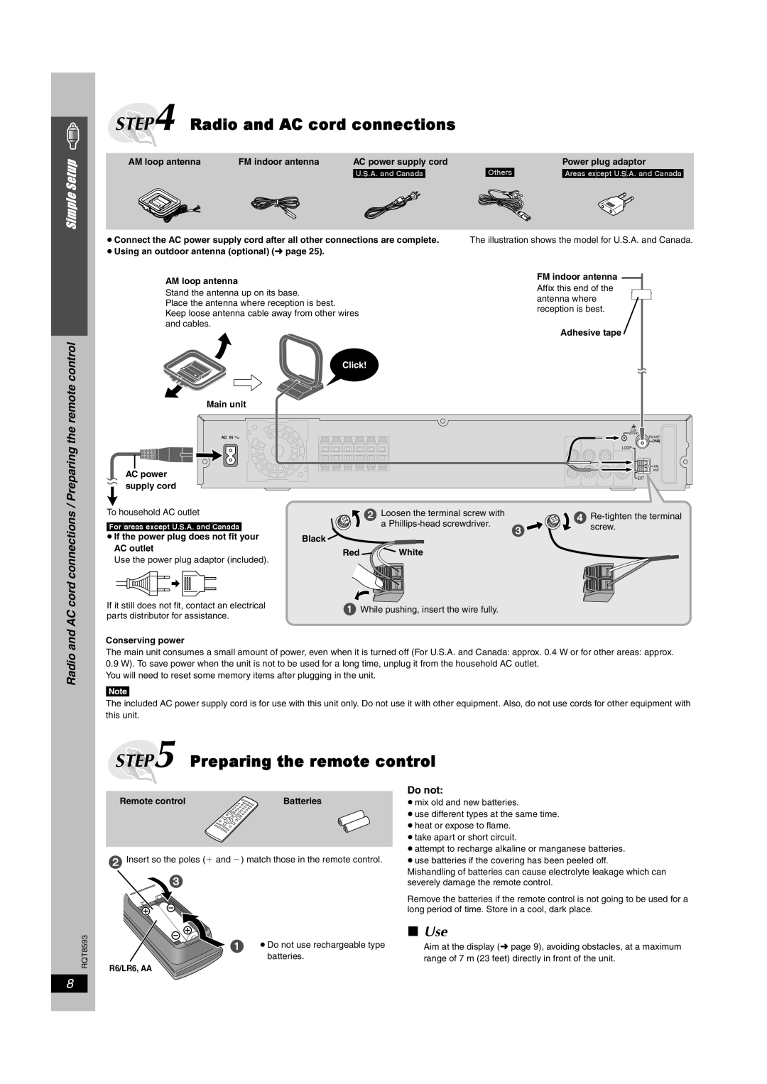 Panasonic SC-HT440 manual Radio and AC cord connections, Preparing the remote control, Use, Simple Setup, Do not, Others 