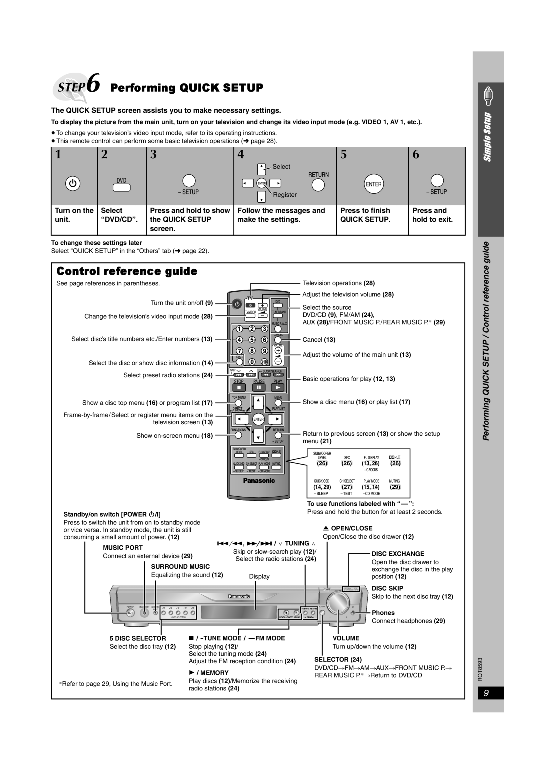 Panasonic SC-HT440 Performing QUICK SETUP, Control reference guide, Setup, Select, unit, “Dvd/Cd”, the QUICK SETUP, screen 