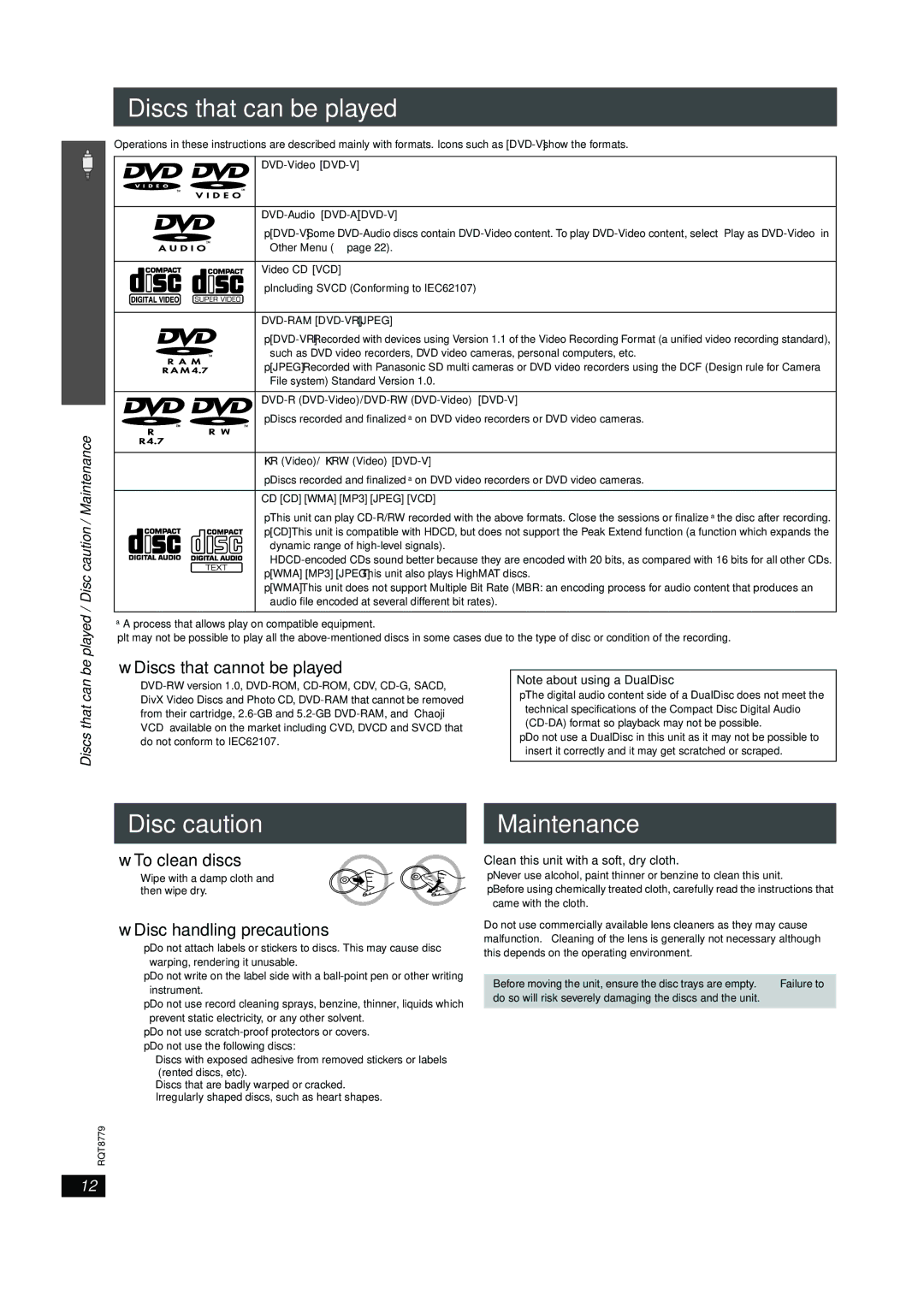 Panasonic SC-HT441W Disc caution, Maintenance, Discs that cannot be played, To clean discs, Disc handling precautions 