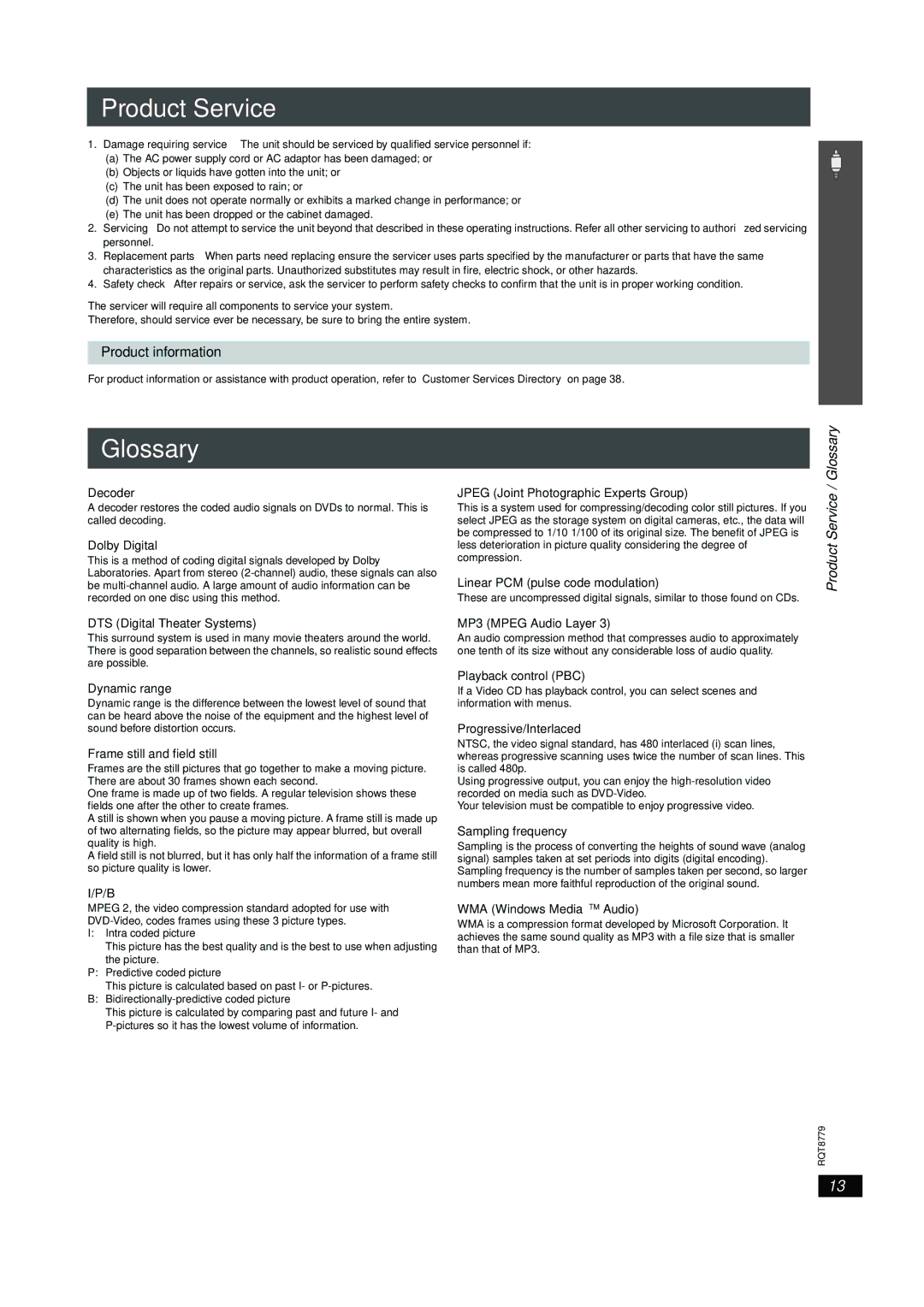 Panasonic SC-HT441W manual Product information, Product Service/ Glossary 