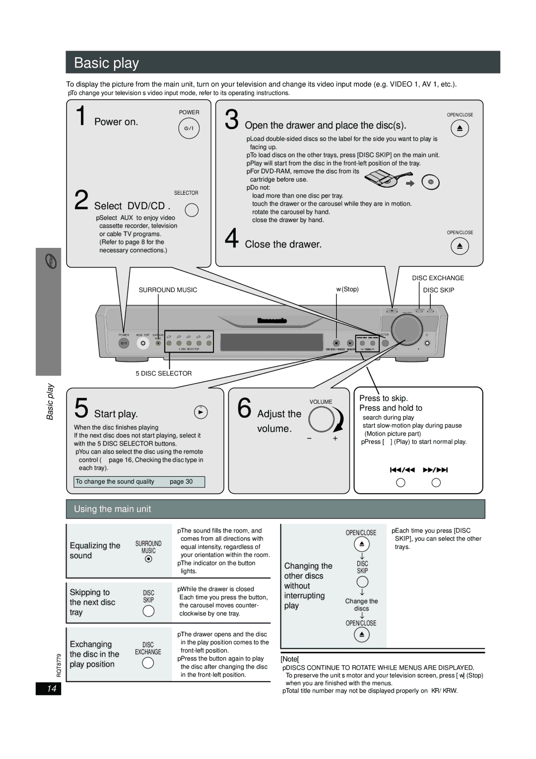 Panasonic SC-HT441W manual Basic play, Using the main unit, Press to skip Press and hold to 