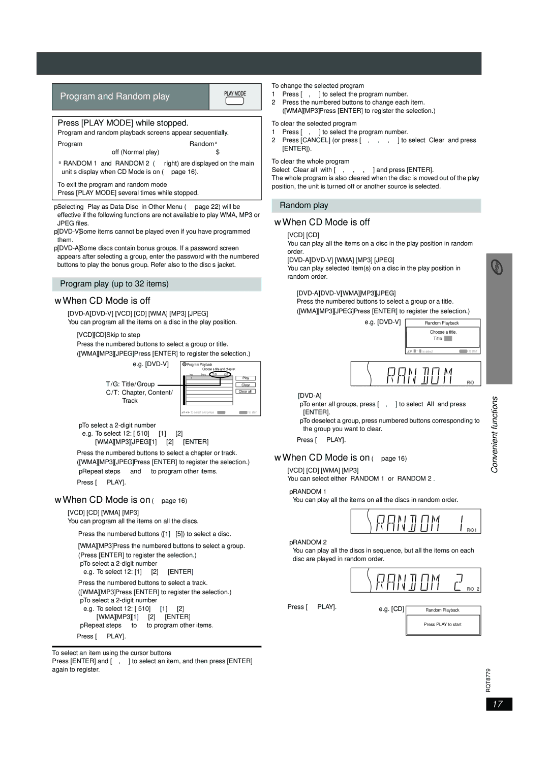 Panasonic SC-HT441W manual Program and Random play, Press Play Mode while stopped, Program play up to 32 items, ≥ Random 